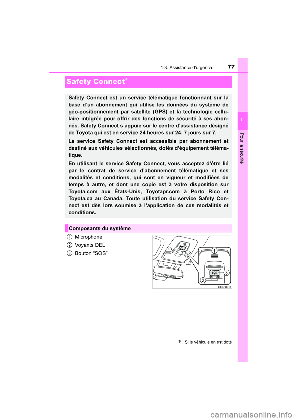 TOYOTA PRIUS PRIME 2019 Manuel du propriétaire (in French) 771-3. Assistance d’urgence
PRIUS PRIME_OM_OM47D13D_(D)
1
Pour la sécurité
Safety Connect
Microphone
Voyants DEL
Bouton “SOS”
: Si le véhicule en est doté
Safety Connect est un servic TOYOTA PRIUS PRIME 2019 Manuel du propriétaire (in French) 771-3. Assistance d’urgence
PRIUS PRIME_OM_OM47D13D_(D)
1
Pour la sécurité
Safety Connect
Microphone
Voyants DEL
Bouton “SOS”
: Si le véhicule en est doté
Safety Connect est un servic