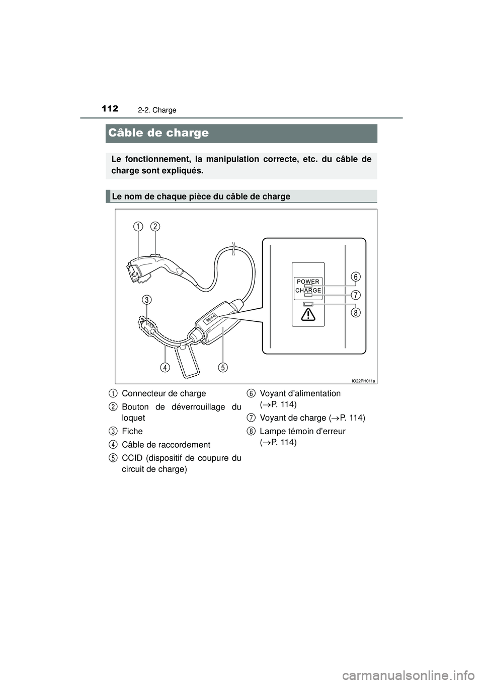 TOYOTA PRIUS PRIME 2018  Manuel du propriétaire (in French) 112
PRIUS PRIME_OM_OM47C17D_(D)
2-2. Charge
Câble de charge
Le fonctionnement, la manipulation correcte, etc. du câble de
charge sont expliqués.
Le nom de chaque pièce du câble de charge
Connecte