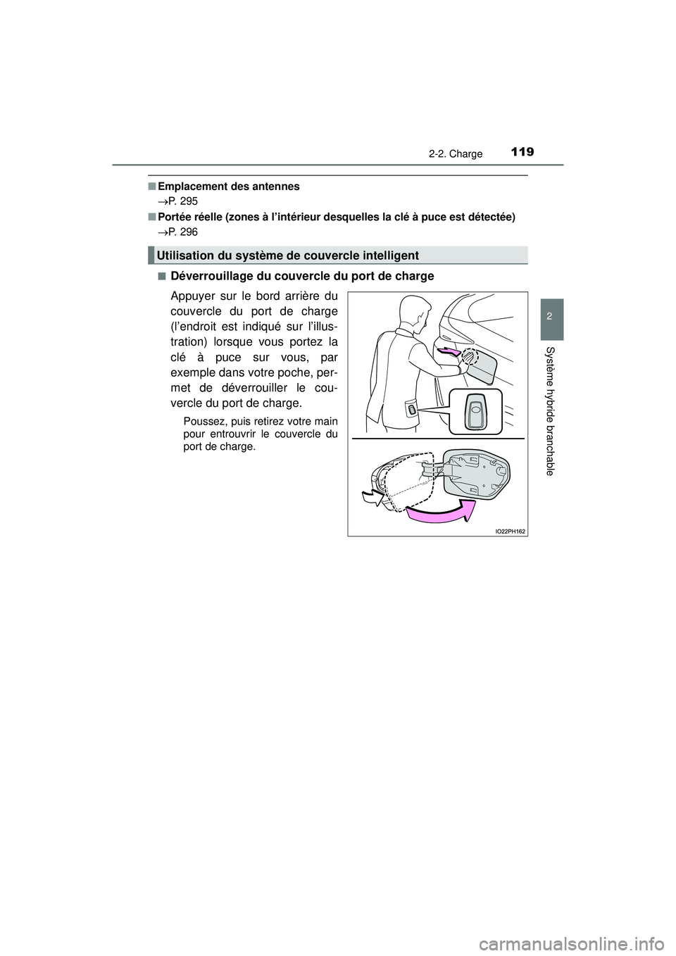 TOYOTA PRIUS PRIME 2018  Manuel du propriétaire (in French) PRIUS PRIME_OM_OM47C17D_(D)
1192-2. Charge
2
Système hybride branchable
■Emplacement des antennes
P. 295
■ Portée réelle (zones à l’intérieur desquelles la clé à puce est détectée)
