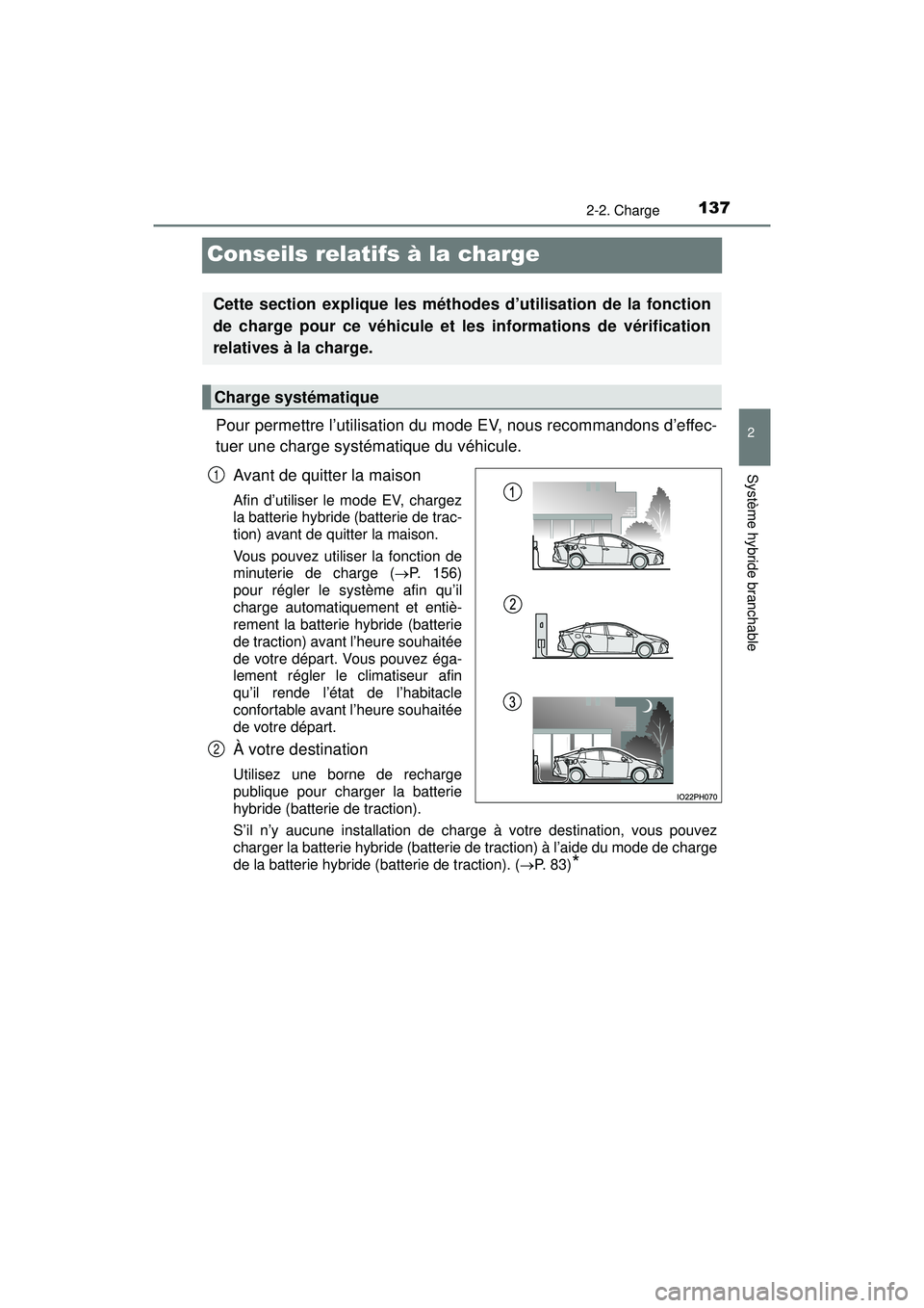 TOYOTA PRIUS PRIME 2018  Manuel du propriétaire (in French) 137
PRIUS PRIME_OM_OM47C17D_(D)
2-2. Charge
2
Système hybride branchable
Conseils relatifs à la charge
Pour permettre l’utilisation du mode EV, nous recommandons d’effec-
tuer une charge systém