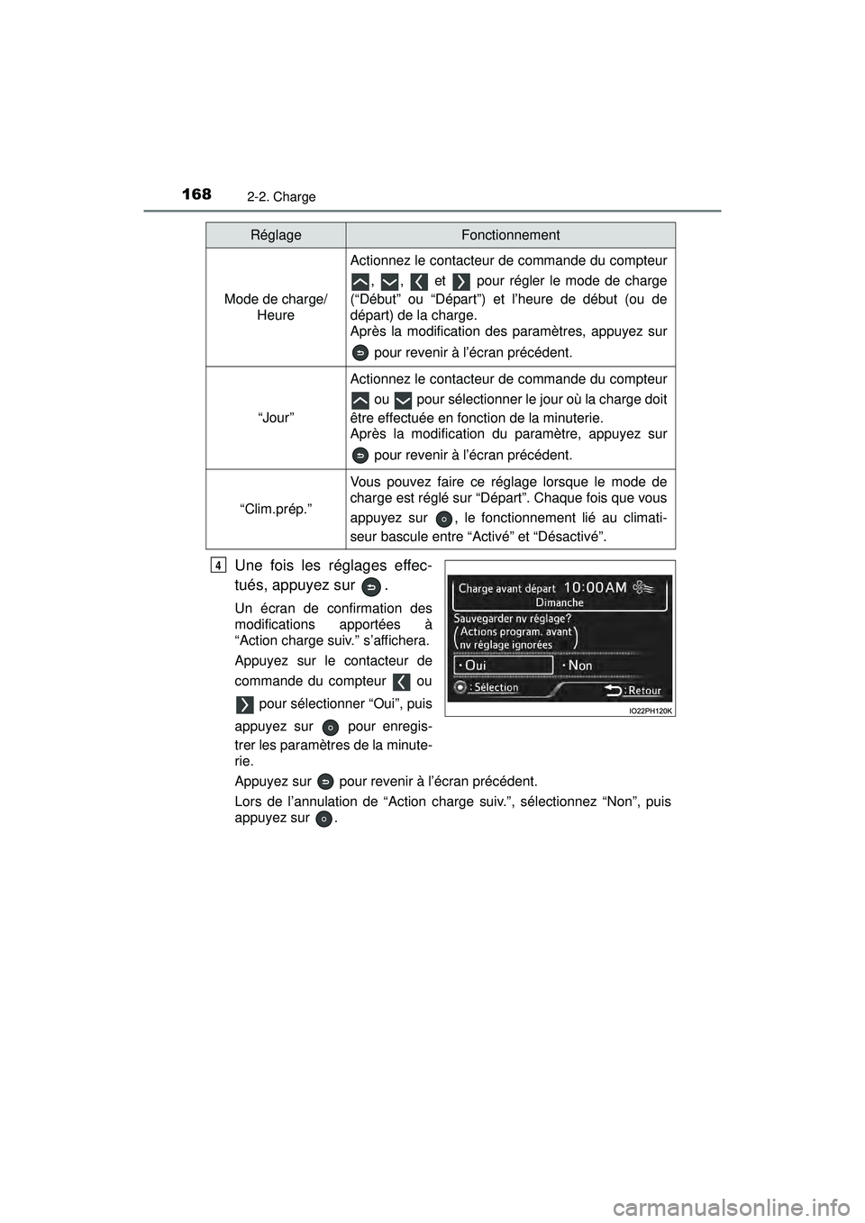 TOYOTA PRIUS PRIME 2018 Manuel du propriétaire (in French) 168
PRIUS PRIME_OM_OM47C17D_(D)
2-2. Charge
Une fois les réglages effec-
tués, appuyez sur .
Un écran de confirmation des
modifications apportées à
“Action charge suiv.” s’affichera.
Appuy TOYOTA PRIUS PRIME 2018 Manuel du propriétaire (in French) 168
PRIUS PRIME_OM_OM47C17D_(D)
2-2. Charge
Une fois les réglages effec-
tués, appuyez sur .
Un écran de confirmation des
modifications apportées à
“Action charge suiv.” s’affichera.
Appuy