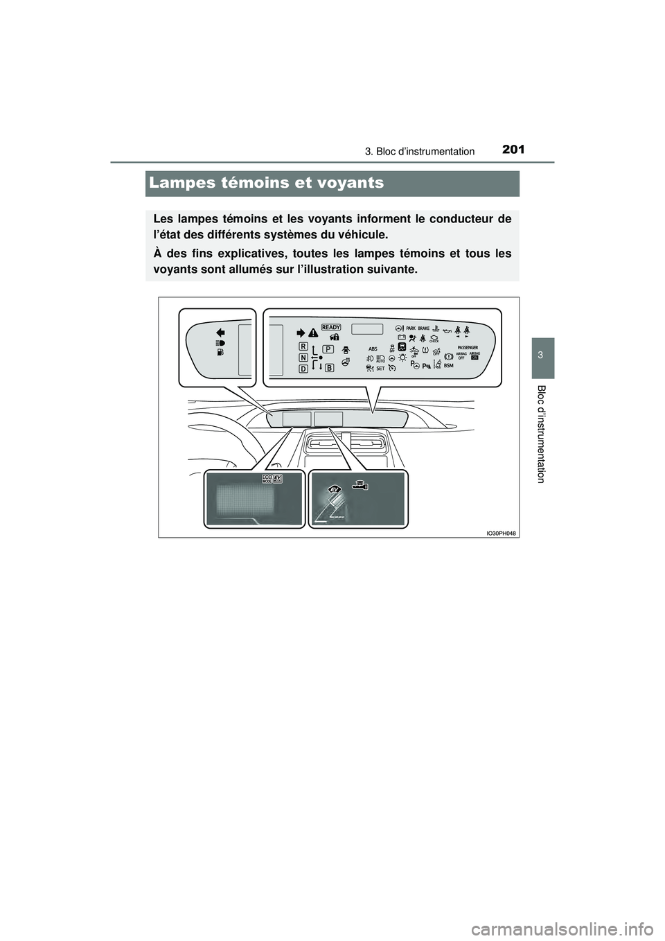 TOYOTA PRIUS PRIME 2018  Manuel du propriétaire (in French) 201
PRIUS PRIME_OM_OM47C17D_(D)
3. Bloc d’instrumentation
3
Bloc d’instrumentation
Lampes témoins et voyants
Les lampes témoins et les voyants informent le conducteur de
l’état des différent