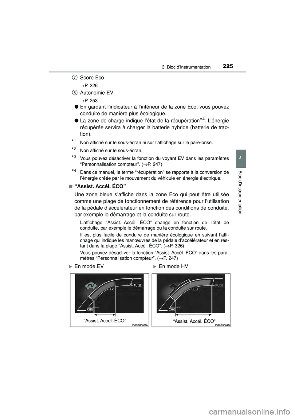 TOYOTA PRIUS PRIME 2018 Manuel du propriétaire (in French) PRIUS PRIME_OM_OM47C17D_(D)
2253. Bloc d’instrumentation
3
Bloc d’instrumentation
Score Eco
P. 226
Autonomie EV
P. 253
●En gardant l’indicateur à l’intérieur de la zone Eco, vous pou TOYOTA PRIUS PRIME 2018 Manuel du propriétaire (in French) PRIUS PRIME_OM_OM47C17D_(D)
2253. Bloc d’instrumentation
3
Bloc d’instrumentation
Score Eco
P. 226
Autonomie EV
P. 253
●En gardant l’indicateur à l’intérieur de la zone Eco, vous pou