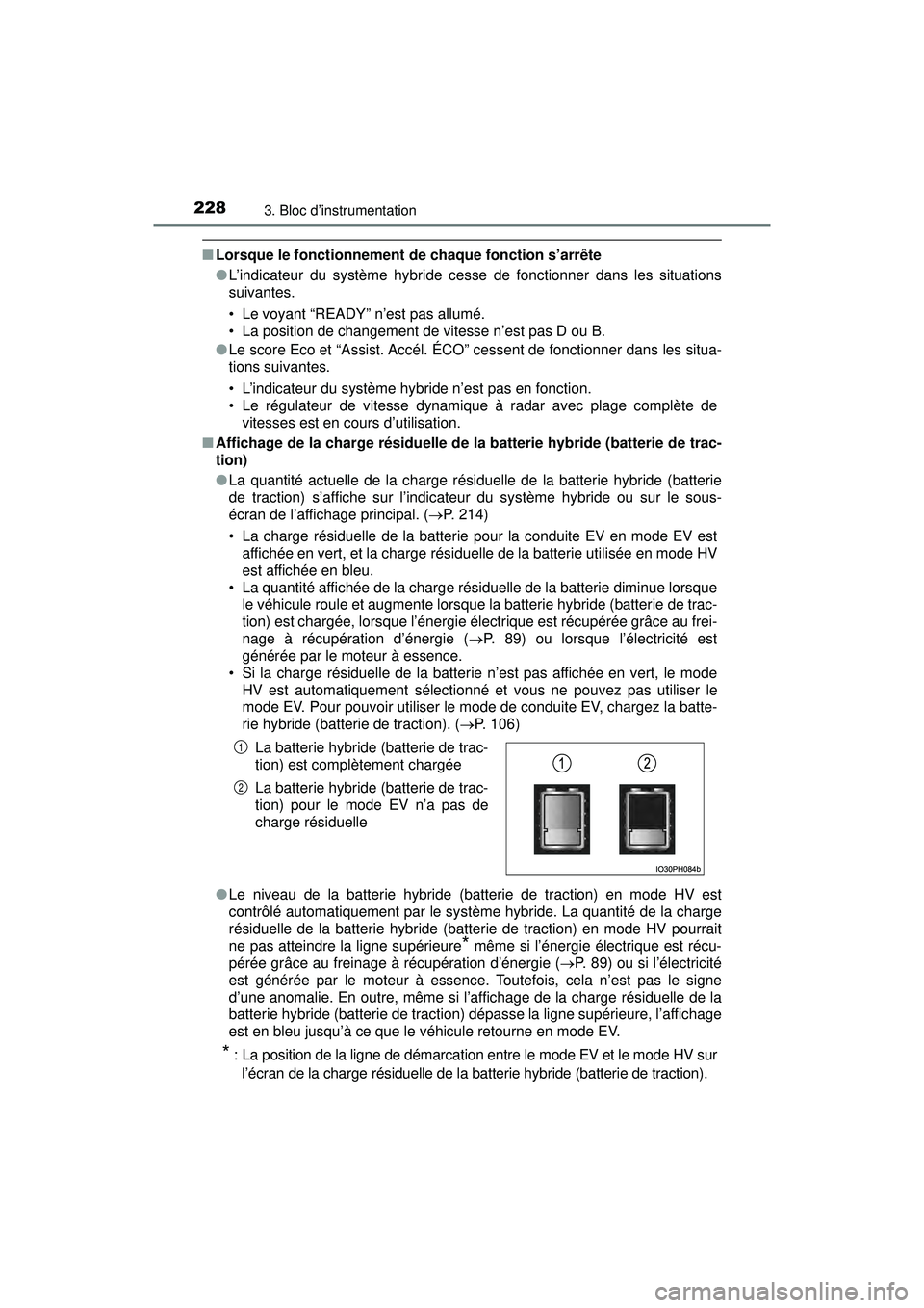 TOYOTA PRIUS PRIME 2018 Manuel du propriétaire (in French) 228
PRIUS PRIME_OM_OM47C17D_(D)
3. Bloc d’instrumentation
■Lorsque le fonctionnement de chaque fonction s’arrête
●L’indicateur du système hybride cesse de fonctionner dans les situations
s TOYOTA PRIUS PRIME 2018 Manuel du propriétaire (in French) 228
PRIUS PRIME_OM_OM47C17D_(D)
3. Bloc d’instrumentation
■Lorsque le fonctionnement de chaque fonction s’arrête
●L’indicateur du système hybride cesse de fonctionner dans les situations
s