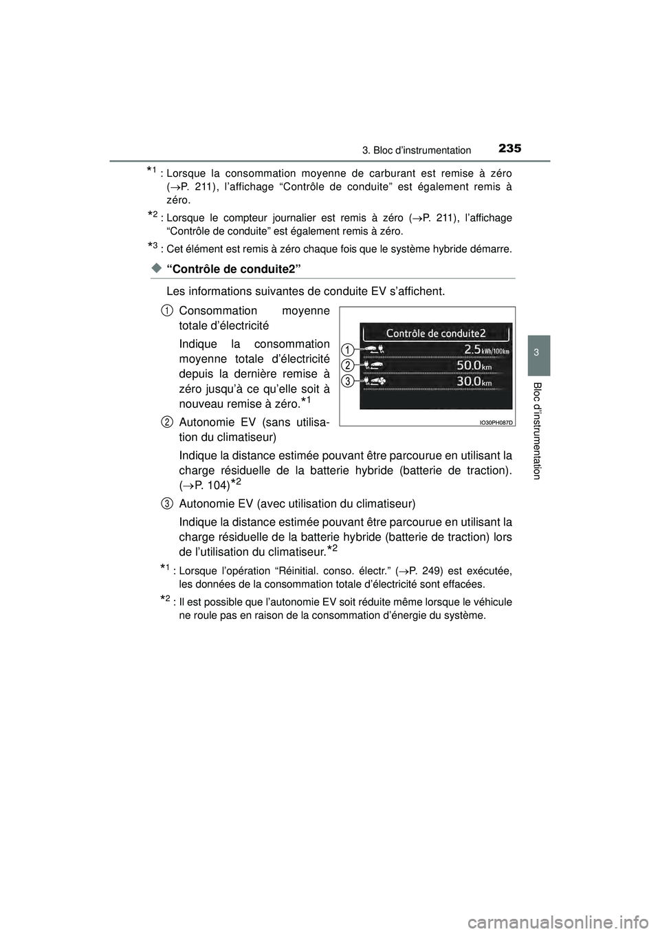 TOYOTA PRIUS PRIME 2018 Manuel du propriétaire (in French) PRIUS PRIME_OM_OM47C17D_(D)
2353. Bloc d’instrumentation
3
Bloc d’instrumentation
*1 : Lorsque la consommation moyenne de carburant est remise à zéro( P. 211), l’affichage “Contrôle de c TOYOTA PRIUS PRIME 2018 Manuel du propriétaire (in French) PRIUS PRIME_OM_OM47C17D_(D)
2353. Bloc d’instrumentation
3
Bloc d’instrumentation
*1 : Lorsque la consommation moyenne de carburant est remise à zéro( P. 211), l’affichage “Contrôle de c