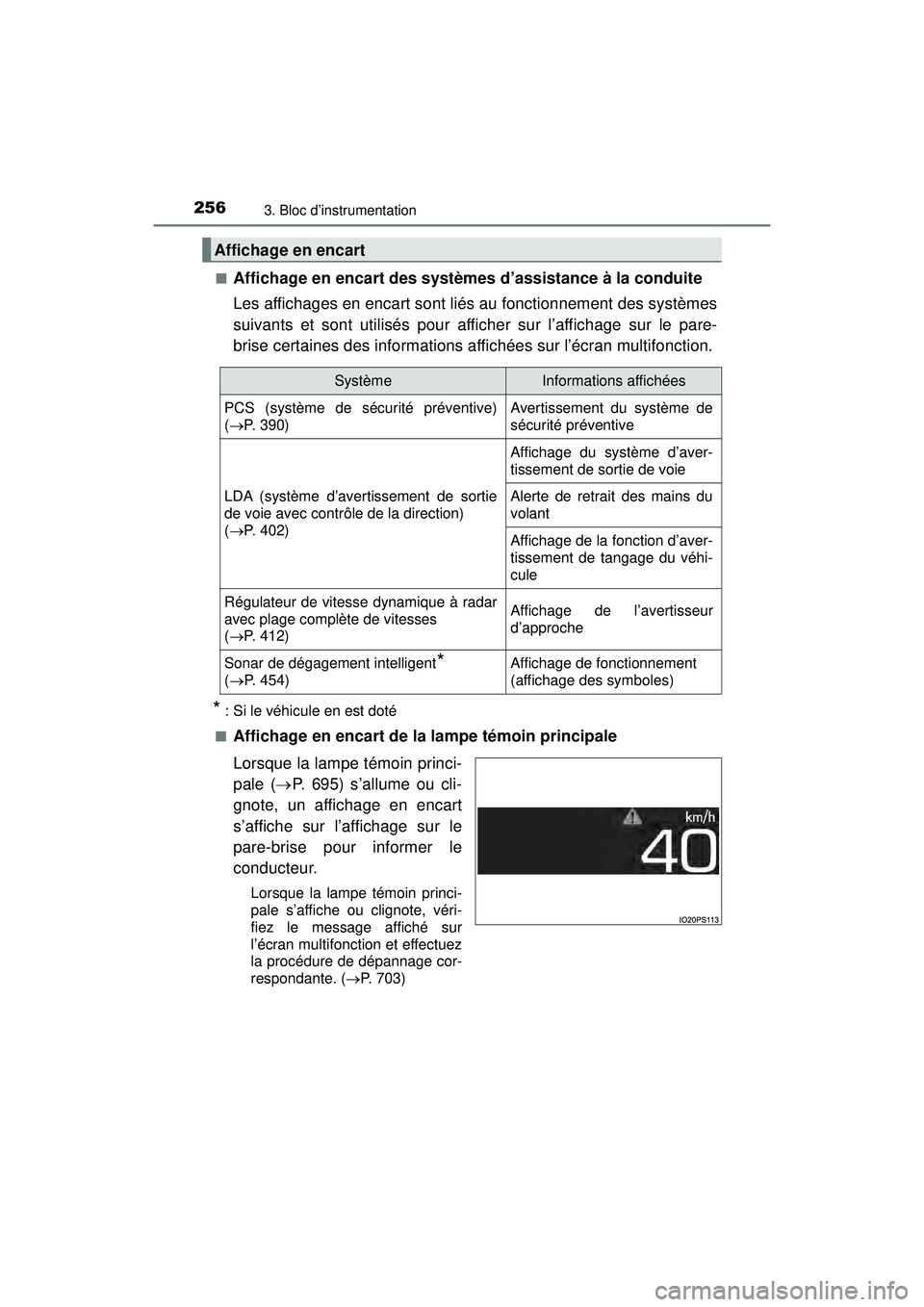 TOYOTA PRIUS PRIME 2018 Manuel du propriétaire (in French) 256
PRIUS PRIME_OM_OM47C17D_(D)
3. Bloc d’instrumentation
■Affichage en encart des systèmes d’assistance à la conduite
Les affichages en encart sont liés au fonctionnement des systèmes
suiva TOYOTA PRIUS PRIME 2018 Manuel du propriétaire (in French) 256
PRIUS PRIME_OM_OM47C17D_(D)
3. Bloc d’instrumentation
■Affichage en encart des systèmes d’assistance à la conduite
Les affichages en encart sont liés au fonctionnement des systèmes
suiva