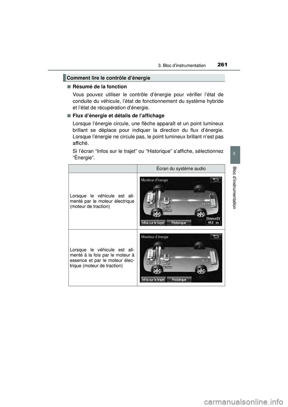 TOYOTA PRIUS PRIME 2018 Manuel du propriétaire (in French) PRIUS PRIME_OM_OM47C17D_(D)
2613. Bloc d’instrumentation
3
Bloc d’instrumentation
■Résumé de la fonction
Vous pouvez utiliser le contrôle d’énergie pour vérifier l’état de
conduite du TOYOTA PRIUS PRIME 2018 Manuel du propriétaire (in French) PRIUS PRIME_OM_OM47C17D_(D)
2613. Bloc d’instrumentation
3
Bloc d’instrumentation
■Résumé de la fonction
Vous pouvez utiliser le contrôle d’énergie pour vérifier l’état de
conduite du