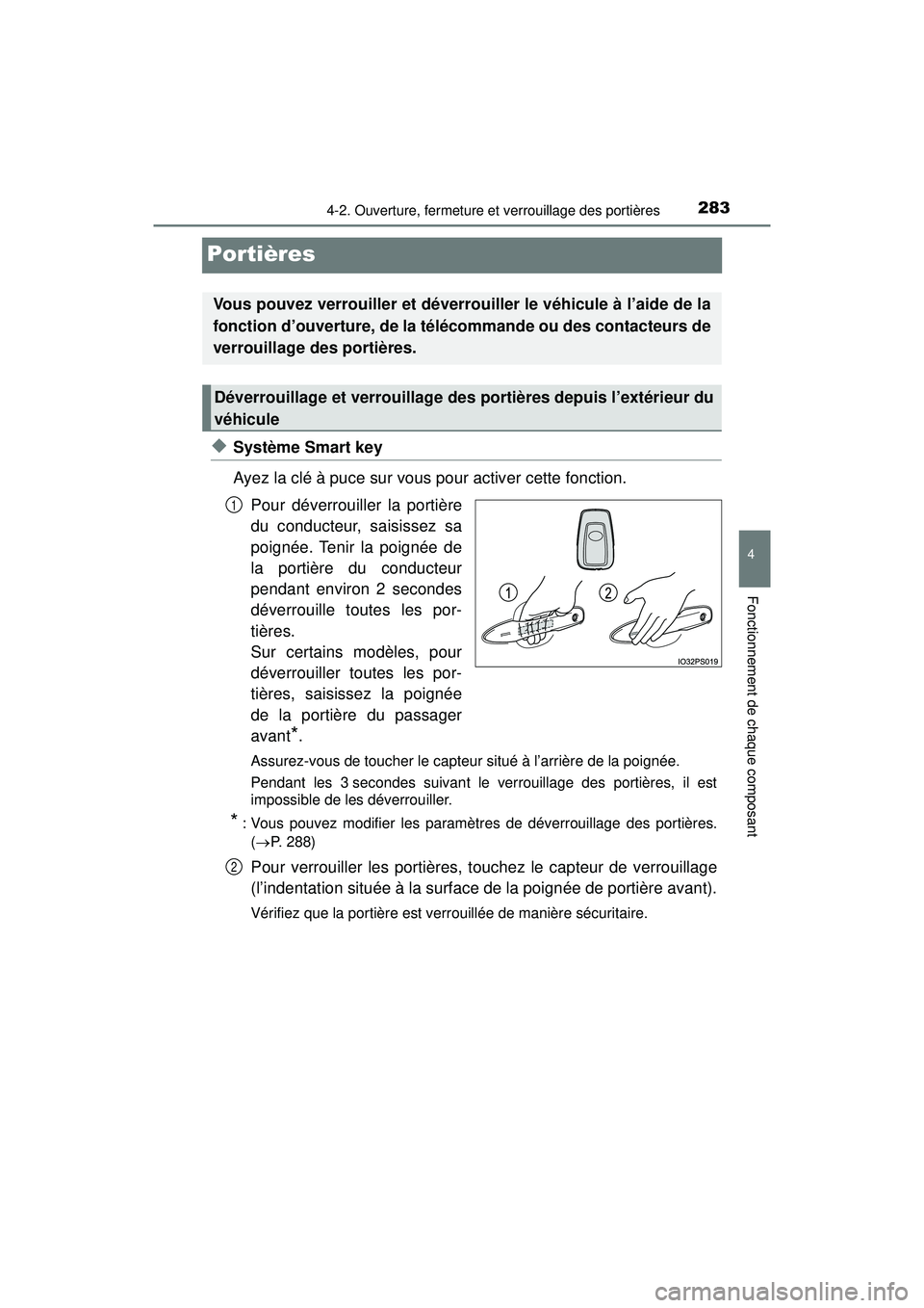 TOYOTA PRIUS PRIME 2018 Manuel du propriétaire (in French) 283
PRIUS PRIME_OM_OM47C17D_(D)
4-2. Ouverture, fermeture et verrouillage des portières
4
Fonctionnement de chaque composant
Portières
◆Système Smart key
Ayez la clé à puce sur vous pour activ TOYOTA PRIUS PRIME 2018 Manuel du propriétaire (in French) 283
PRIUS PRIME_OM_OM47C17D_(D)
4-2. Ouverture, fermeture et verrouillage des portières
4
Fonctionnement de chaque composant
Portières
◆Système Smart key
Ayez la clé à puce sur vous pour activ