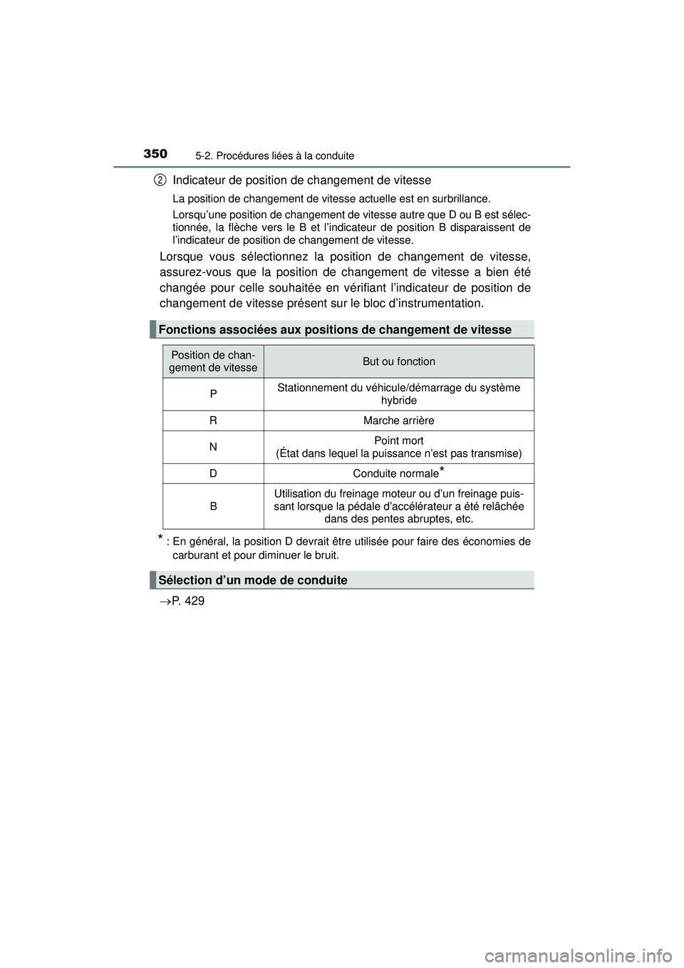 TOYOTA PRIUS PRIME 2018 Manuel du propriétaire (in French) 350
PRIUS PRIME_OM_OM47C17D_(D)
5-2. Procédures liées à la conduite
Indicateur de position de changement de vitesse
La position de changement de vitesse actuelle est en surbrillance.
Lorsqu’une p TOYOTA PRIUS PRIME 2018 Manuel du propriétaire (in French) 350
PRIUS PRIME_OM_OM47C17D_(D)
5-2. Procédures liées à la conduite
Indicateur de position de changement de vitesse
La position de changement de vitesse actuelle est en surbrillance.
Lorsqu’une p