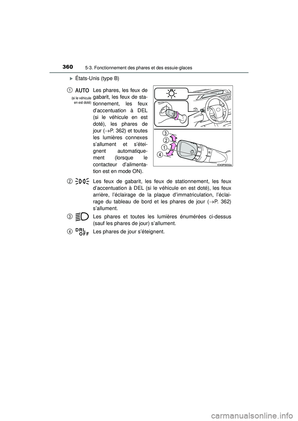 TOYOTA PRIUS PRIME 2018  Manuel du propriétaire (in French) 360
PRIUS PRIME_OM_OM47C17D_(D)
5-3. Fonctionnement des phares et des essuie-glaces
États-Unis (type B)Les feux de gabarit, les feux de stationnement, les feux
d’accentuation à DEL (si le véhi