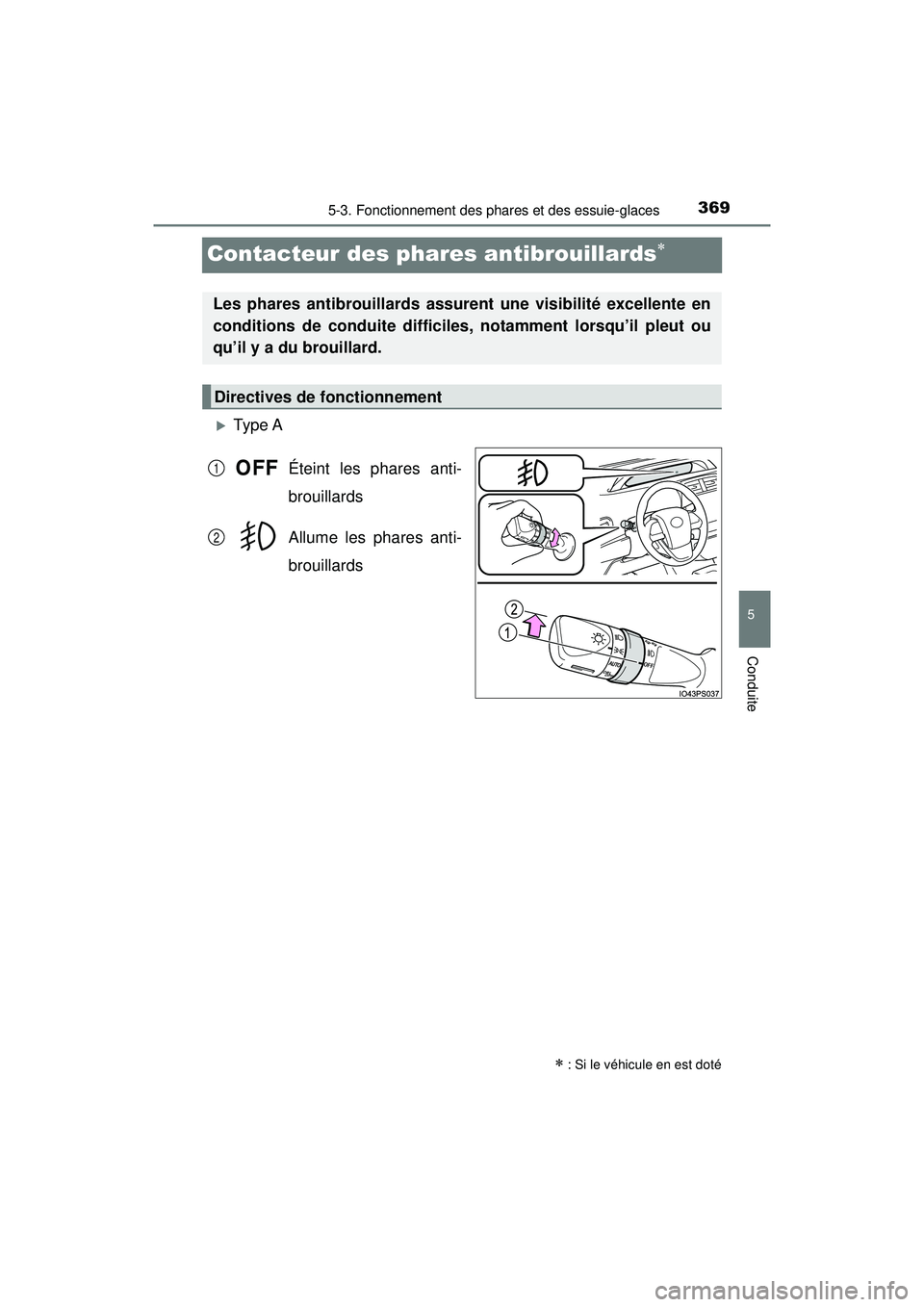 TOYOTA PRIUS PRIME 2018  Manuel du propriétaire (in French) 369
PRIUS PRIME_OM_OM47C17D_(D)
5-3. Fonctionnement des phares et des essuie-glaces
5
Conduite
Contacteur des phares antibrouillards
Type AÉteint les phares anti-
brouillards
Allume les phares 