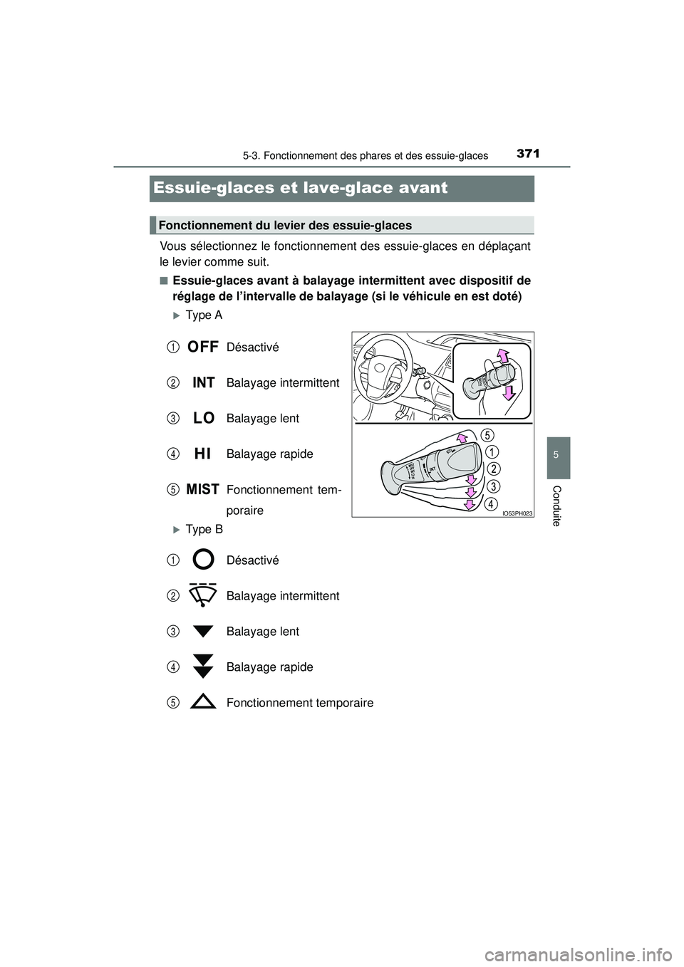 TOYOTA PRIUS PRIME 2018  Manuel du propriétaire (in French) 371
PRIUS PRIME_OM_OM47C17D_(D)
5-3. Fonctionnement des phares et des essuie-glaces
5
Conduite
Essuie-glaces et lave-glace avant
Vous sélectionnez le fonctionnement des essuie-glaces en déplaçant
l