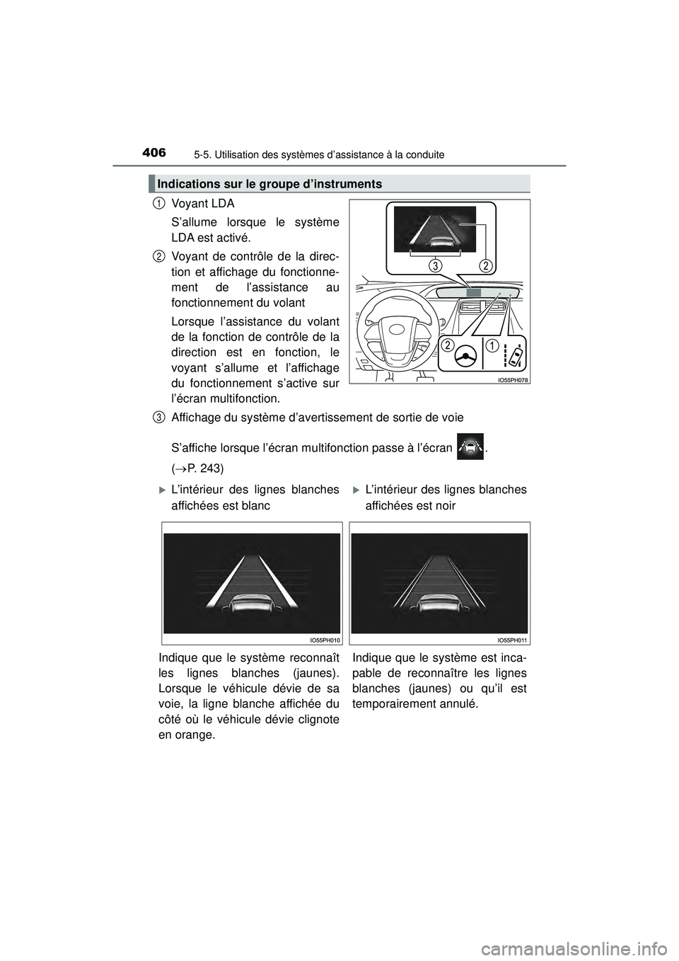 TOYOTA PRIUS PRIME 2018 Manuel du propriétaire (in French) 406
PRIUS PRIME_OM_OM47C17D_(D)
5-5. Utilisation des systèmes d’assistance à la conduite
Voyant LDA
S’allume lorsque le système
LDA est activé.
Voyant de contrôle de la direc-
tion et afficha TOYOTA PRIUS PRIME 2018 Manuel du propriétaire (in French) 406
PRIUS PRIME_OM_OM47C17D_(D)
5-5. Utilisation des systèmes d’assistance à la conduite
Voyant LDA
S’allume lorsque le système
LDA est activé.
Voyant de contrôle de la direc-
tion et afficha