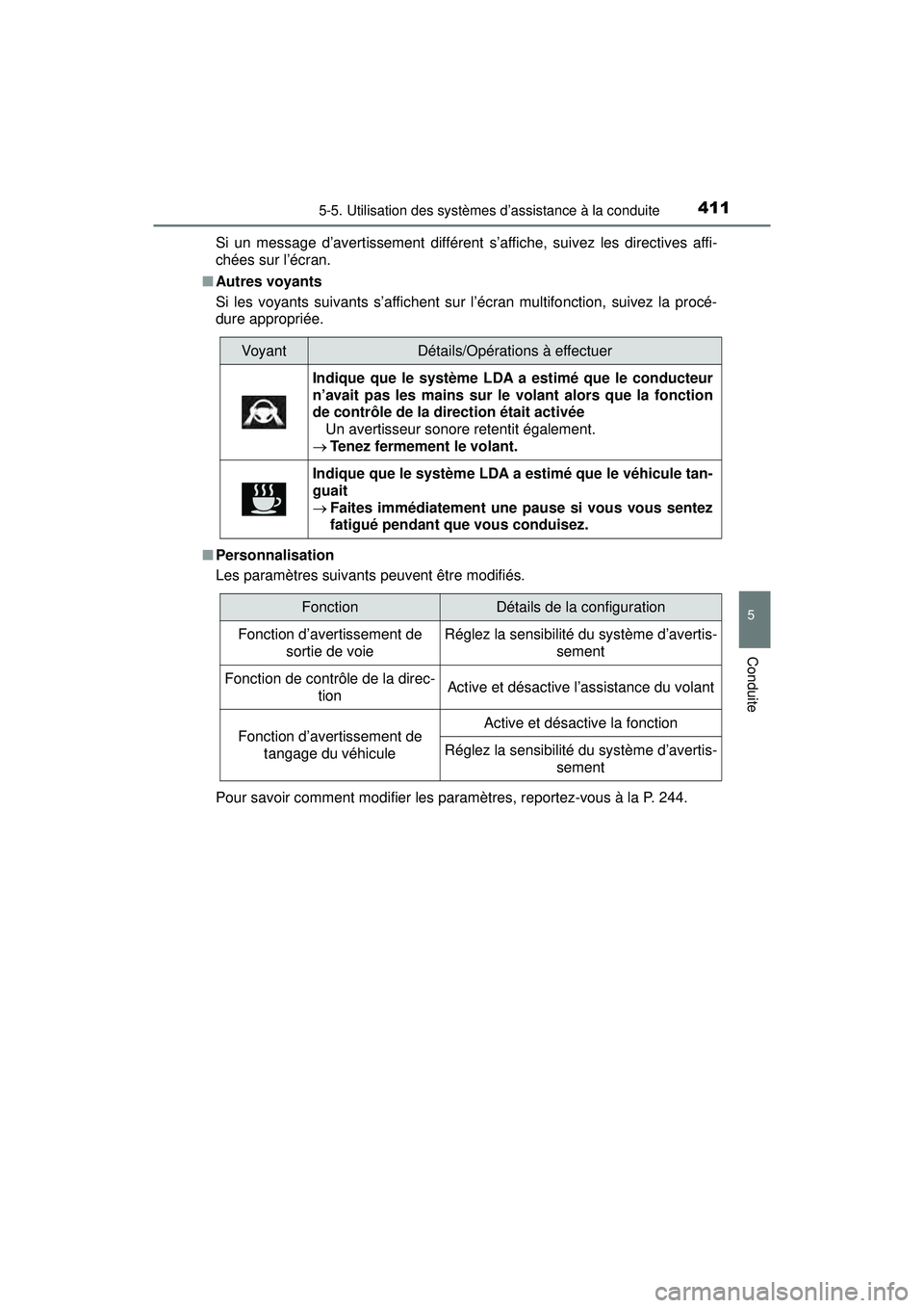 TOYOTA PRIUS PRIME 2018  Manuel du propriétaire (in French) PRIUS PRIME_OM_OM47C17D_(D)
4115-5. Utilisation des systèmes d’assistance à la conduite
5
Conduite
Si un message d’avertissement différent s’affiche, suivez les directives affi-
chées sur l