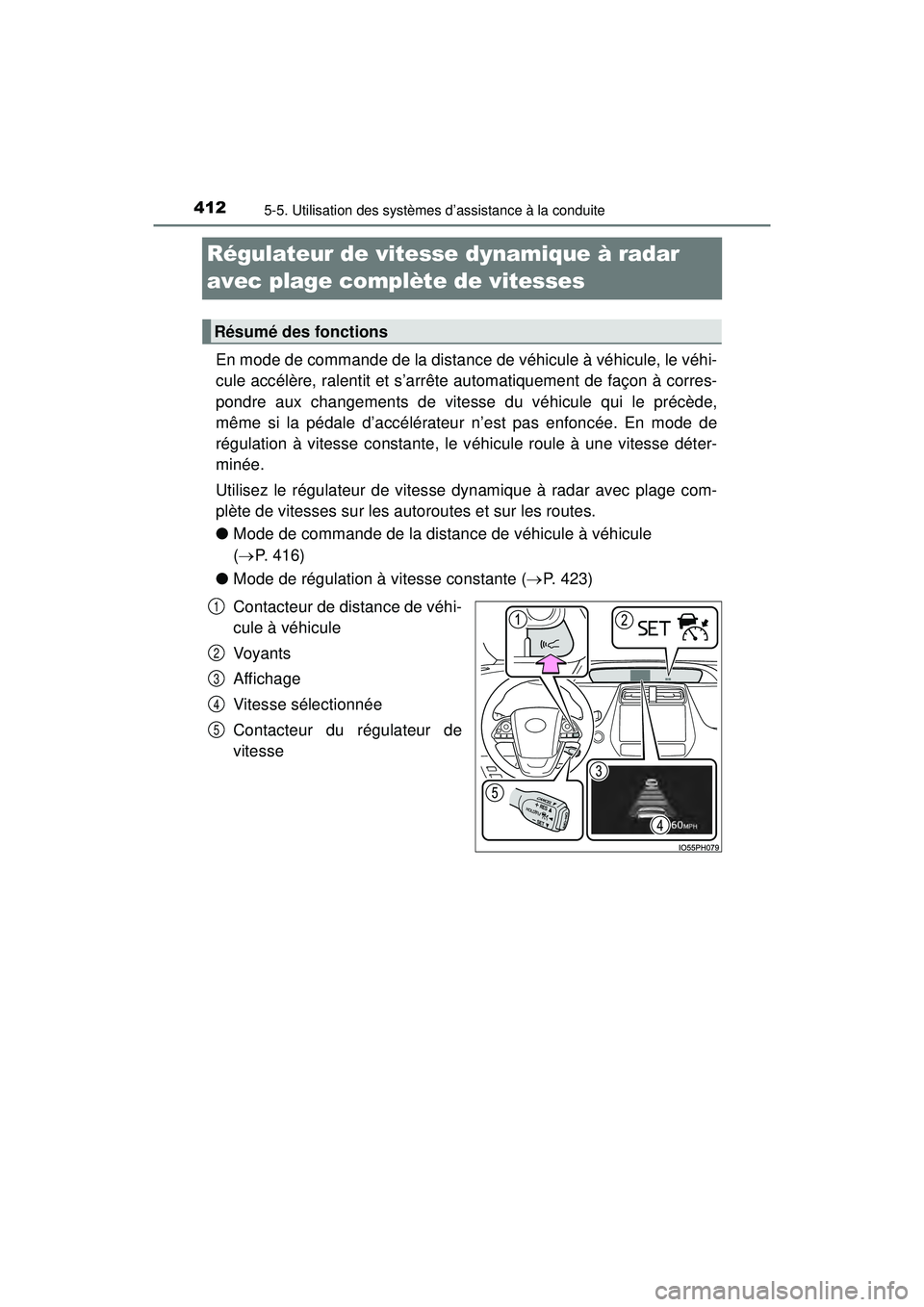 TOYOTA PRIUS PRIME 2018  Manuel du propriétaire (in French) 412
PRIUS PRIME_OM_OM47C17D_(D)
5-5. Utilisation des systèmes d’assistance à la conduite
Régulateur de vitesse dynamique à radar
avec plage complète de vitesses
En mode de commande de la dis