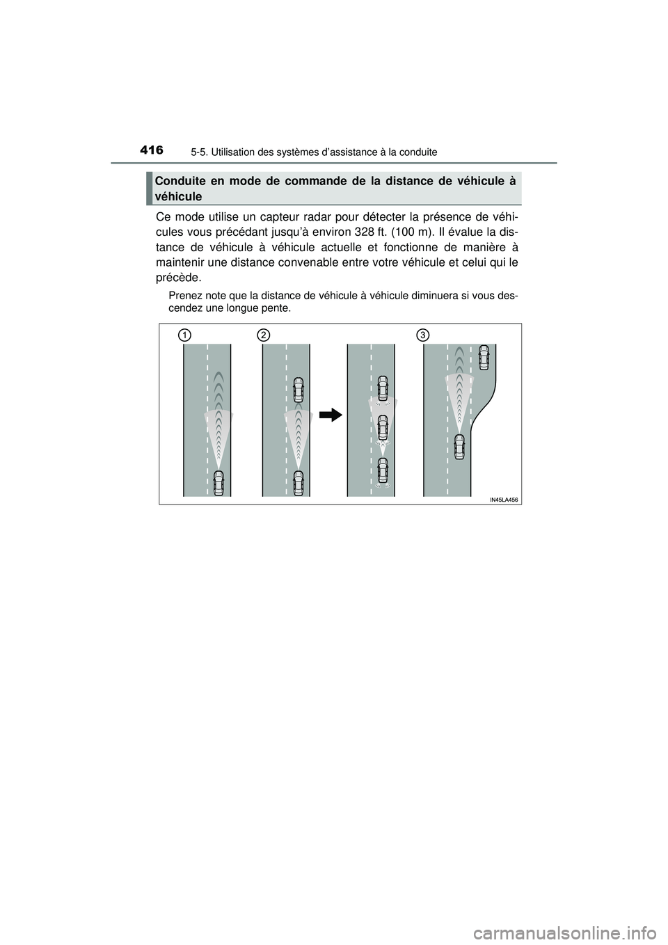 TOYOTA PRIUS PRIME 2018  Manuel du propriétaire (in French) 416
PRIUS PRIME_OM_OM47C17D_(D)
5-5. Utilisation des systèmes d’assistance à la conduite
Ce mode utilise un capteur radar pour détecter la présence de véhi-
cules vous précédant jusqu’à en