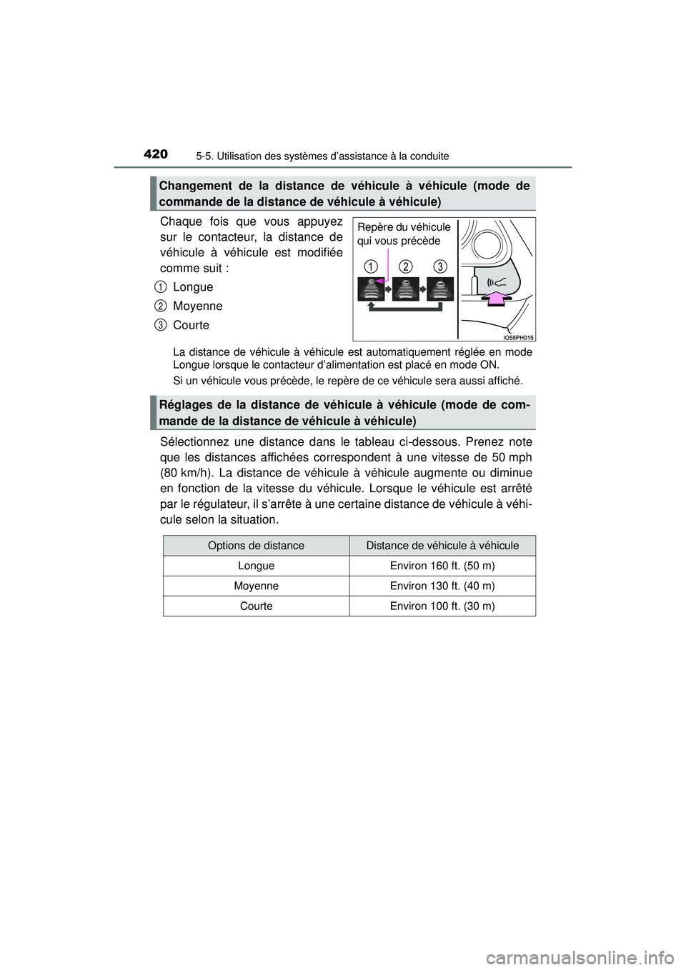 TOYOTA PRIUS PRIME 2018 Manuel du propriétaire (in French) 420
PRIUS PRIME_OM_OM47C17D_(D)
5-5. Utilisation des systèmes d’assistance à la conduite
Chaque fois que vous appuyez
sur le contacteur, la distance de
véhicule à véhicule est modifiée
comme s TOYOTA PRIUS PRIME 2018 Manuel du propriétaire (in French) 420
PRIUS PRIME_OM_OM47C17D_(D)
5-5. Utilisation des systèmes d’assistance à la conduite
Chaque fois que vous appuyez
sur le contacteur, la distance de
véhicule à véhicule est modifiée
comme s