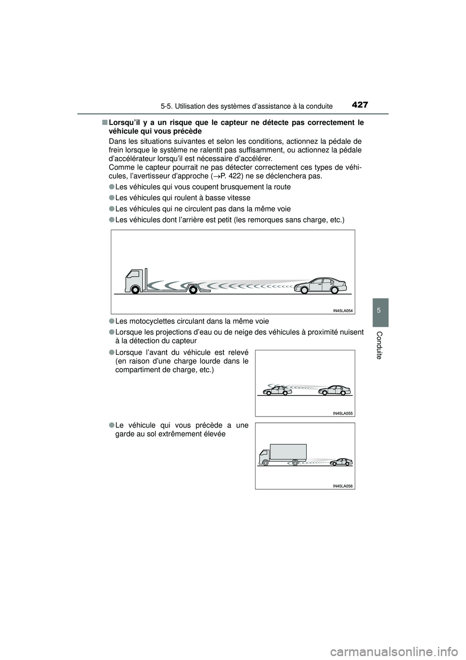 TOYOTA PRIUS PRIME 2018 Manuel du propriétaire (in French) PRIUS PRIME_OM_OM47C17D_(D)
4275-5. Utilisation des systèmes d’assistance à la conduite
5
Conduite
■Lorsqu’il y a un risque que le capteur ne détecte pas correctement le
véhicule qui vous pr TOYOTA PRIUS PRIME 2018 Manuel du propriétaire (in French) PRIUS PRIME_OM_OM47C17D_(D)
4275-5. Utilisation des systèmes d’assistance à la conduite
5
Conduite
■Lorsqu’il y a un risque que le capteur ne détecte pas correctement le
véhicule qui vous pr