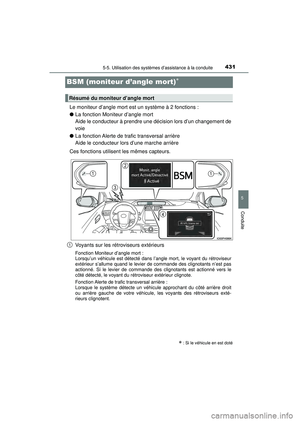 TOYOTA PRIUS PRIME 2018  Manuel du propriétaire (in French) 431
PRIUS PRIME_OM_OM47C17D_(D)
5-5. Utilisation des systèmes d’assistance à la conduite
5
Conduite
BSM (moniteur d’angle mort)
Le moniteur d’angle mort est un système à 2 fonctions :
●