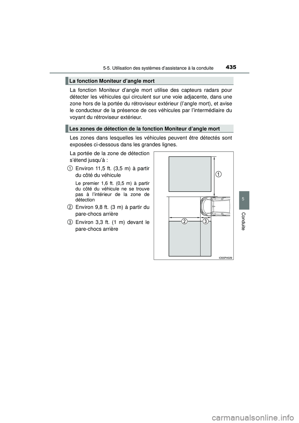 TOYOTA PRIUS PRIME 2018  Manuel du propriétaire (in French) PRIUS PRIME_OM_OM47C17D_(D)
4355-5. Utilisation des systèmes d’assistance à la conduite
5
Conduite
La fonction Moniteur d’angle mort utilise des capteurs radars pour
détecter les véhicules qui