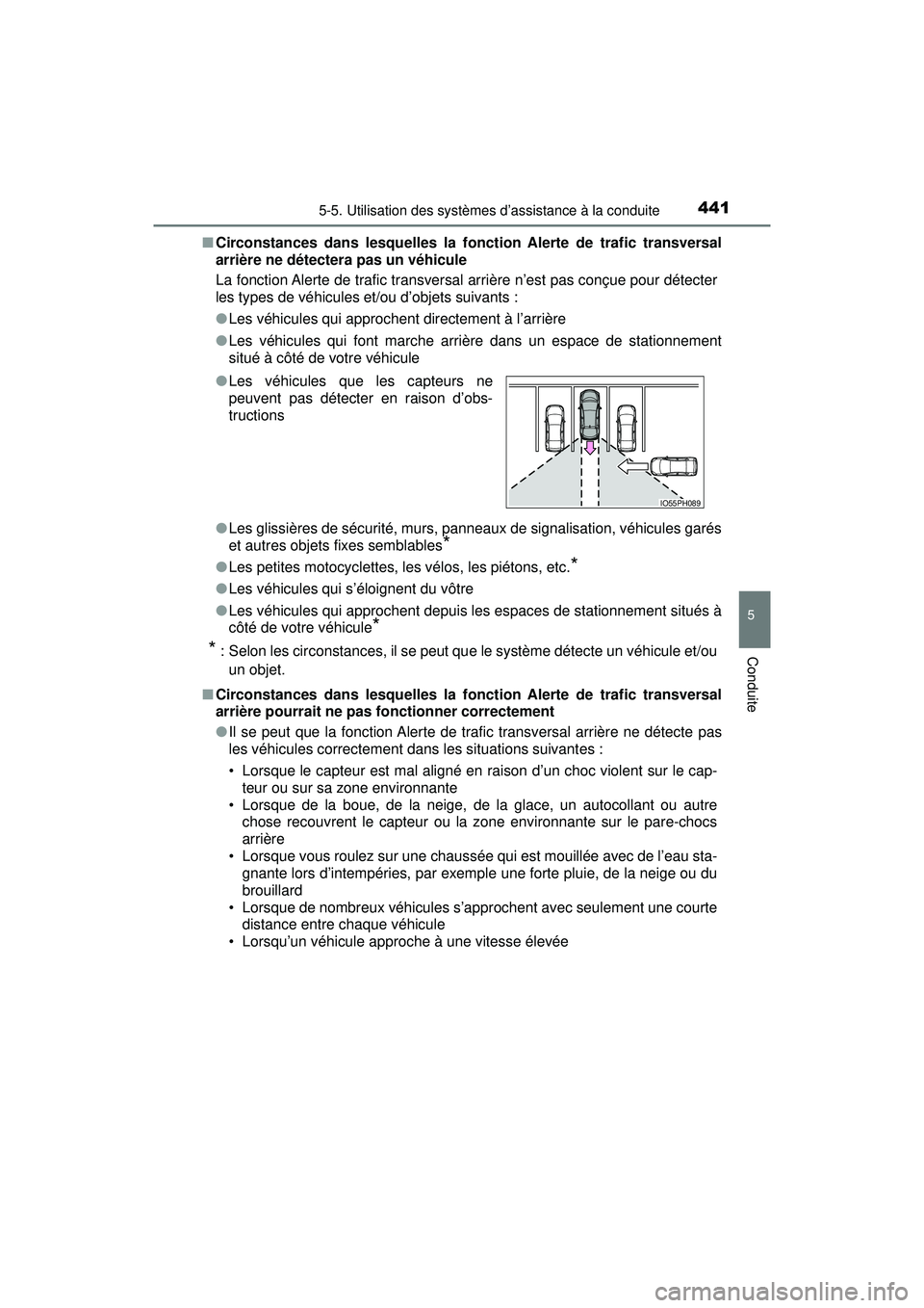 TOYOTA PRIUS PRIME 2018  Manuel du propriétaire (in French) PRIUS PRIME_OM_OM47C17D_(D)
4415-5. Utilisation des systèmes d’assistance à la conduite
5
Conduite
■Circonstances dans lesquelles la fonction Alerte de trafic transversal
arrière ne détectera 