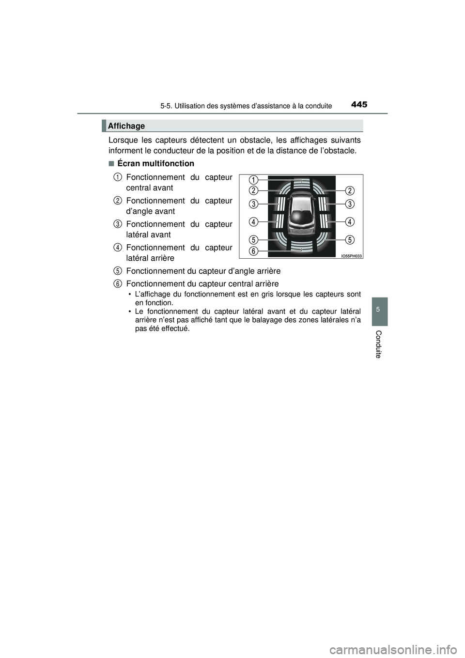 TOYOTA PRIUS PRIME 2018  Manuel du propriétaire (in French) PRIUS PRIME_OM_OM47C17D_(D)
4455-5. Utilisation des systèmes d’assistance à la conduite
5
Conduite
Lorsque les capteurs détectent un obstacle, les affichages suivants
informent le conducteur de l