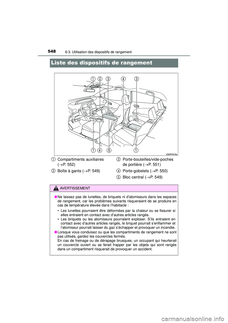 TOYOTA PRIUS PRIME 2018 Manuel du propriétaire (in French) 548
PRIUS PRIME_OM_OM47C17D_(D)
6-3. Utilisation des dispositifs de rangement
Liste des dispositifs de rangement
Compartiments auxiliaires
(P. 552)
Boîte à gants ( P. 549) Porte-bouteilles/vi TOYOTA PRIUS PRIME 2018 Manuel du propriétaire (in French) 548
PRIUS PRIME_OM_OM47C17D_(D)
6-3. Utilisation des dispositifs de rangement
Liste des dispositifs de rangement
Compartiments auxiliaires
(P. 552)
Boîte à gants ( P. 549) Porte-bouteilles/vi