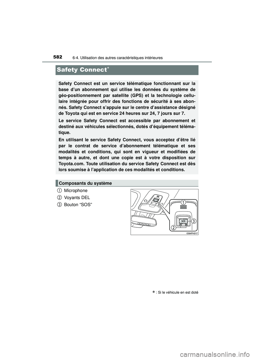 TOYOTA PRIUS PRIME 2018 Manuel du propriétaire (in French) 582
PRIUS PRIME_OM_OM47C17D_(D)
6-4. Utilisation des autres caractéristiques intérieures
Safety Connect
Microphone
Voyants DEL
Bouton “SOS”
: Si le véhicule en est doté
Safety Connect e TOYOTA PRIUS PRIME 2018 Manuel du propriétaire (in French) 582
PRIUS PRIME_OM_OM47C17D_(D)
6-4. Utilisation des autres caractéristiques intérieures
Safety Connect
Microphone
Voyants DEL
Bouton “SOS”
: Si le véhicule en est doté
Safety Connect e