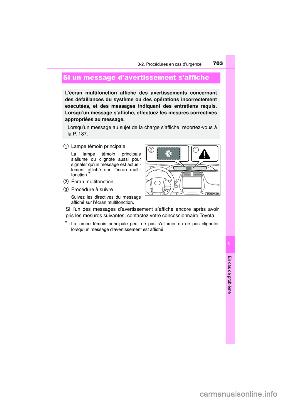 TOYOTA PRIUS PRIME 2018  Manuel du propriétaire (in French) 703
PRIUS PRIME_OM_OM47C17D_(D)
8
En cas de problème
8-2. Procédures en cas d’urgence
Si un message d’avertissement s’affiche
Lampe témoin principale
La lampe témoin principale
s’allume ou