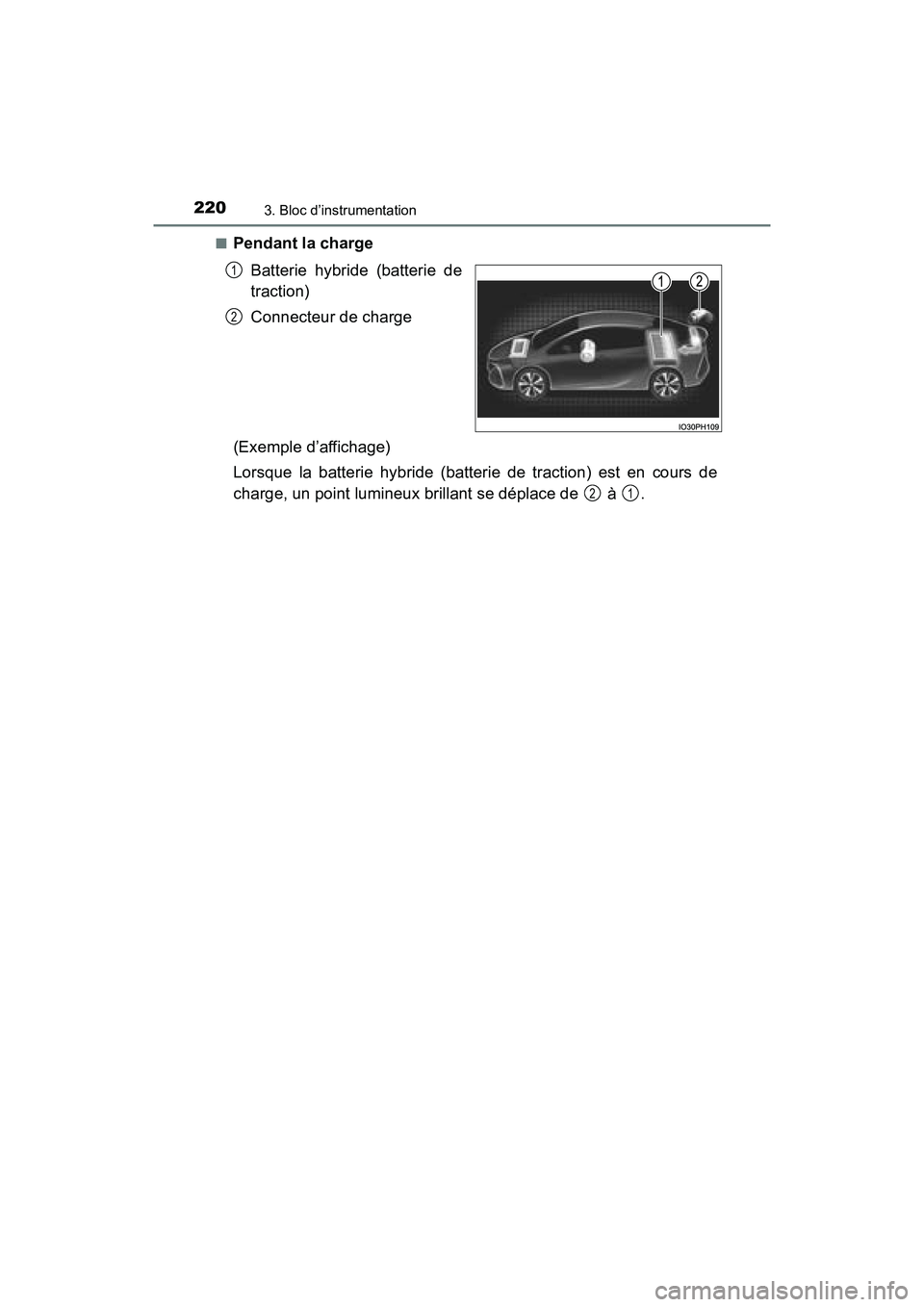 TOYOTA PRIUS PRIME 2017 Manuel du propriétaire (in French) 220
PRIUS PRIME_OM_OM47A88D_(D)
3. Bloc d’instrumentation
■Pendant la chargeBatterie hybride (batterie de
traction)
Connecteur de charge
(Exemple d’affichage)
Lorsque la batterie hybride (batter TOYOTA PRIUS PRIME 2017 Manuel du propriétaire (in French) 220
PRIUS PRIME_OM_OM47A88D_(D)
3. Bloc d’instrumentation
■Pendant la chargeBatterie hybride (batterie de
traction)
Connecteur de charge
(Exemple d’affichage)
Lorsque la batterie hybride (batter