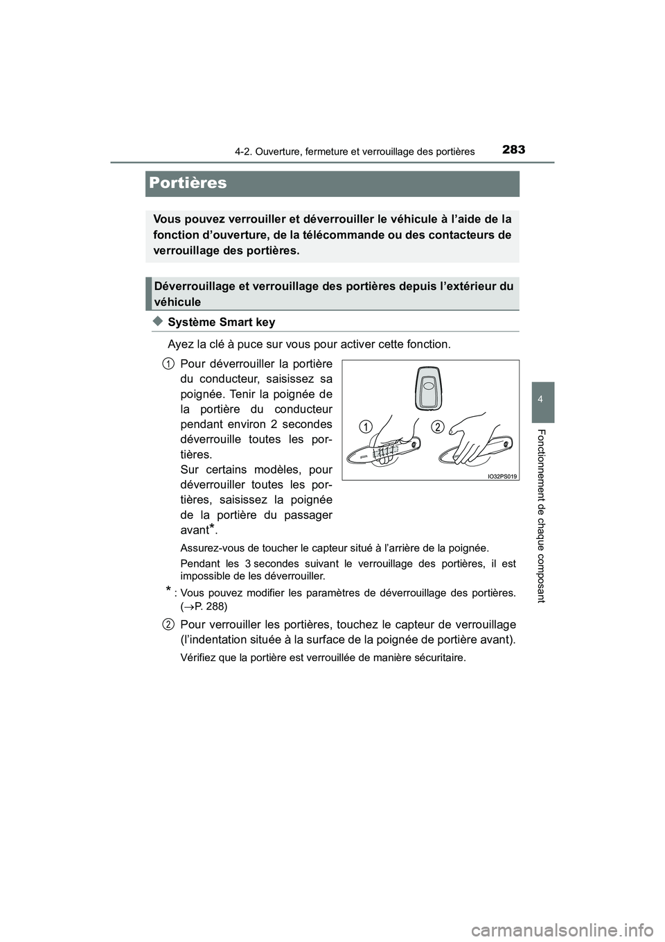 TOYOTA PRIUS PRIME 2017 Manuel du propriétaire (in French) 283
PRIUS PRIME_OM_OM47A88D_(D)
4-2. Ouverture, fermeture et verrouillage des portières
4
Fonctionnement de chaque composant
Portières
◆Système Smart key
Ayez la clé à puce sur vous pour activ TOYOTA PRIUS PRIME 2017 Manuel du propriétaire (in French) 283
PRIUS PRIME_OM_OM47A88D_(D)
4-2. Ouverture, fermeture et verrouillage des portières
4
Fonctionnement de chaque composant
Portières
◆Système Smart key
Ayez la clé à puce sur vous pour activ