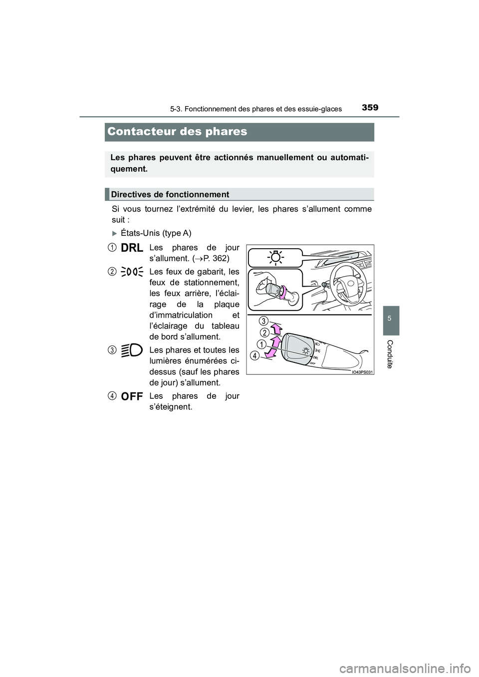 TOYOTA PRIUS PRIME 2017  Manuel du propriétaire (in French) 359
PRIUS PRIME_OM_OM47A88D_(D)
5-3. Fonctionnement des phares et des essuie-glaces
5
Conduite
Contacteur des phares
Si vous tournez l’extrémité du levier, les phares s’allument comme
suit :
