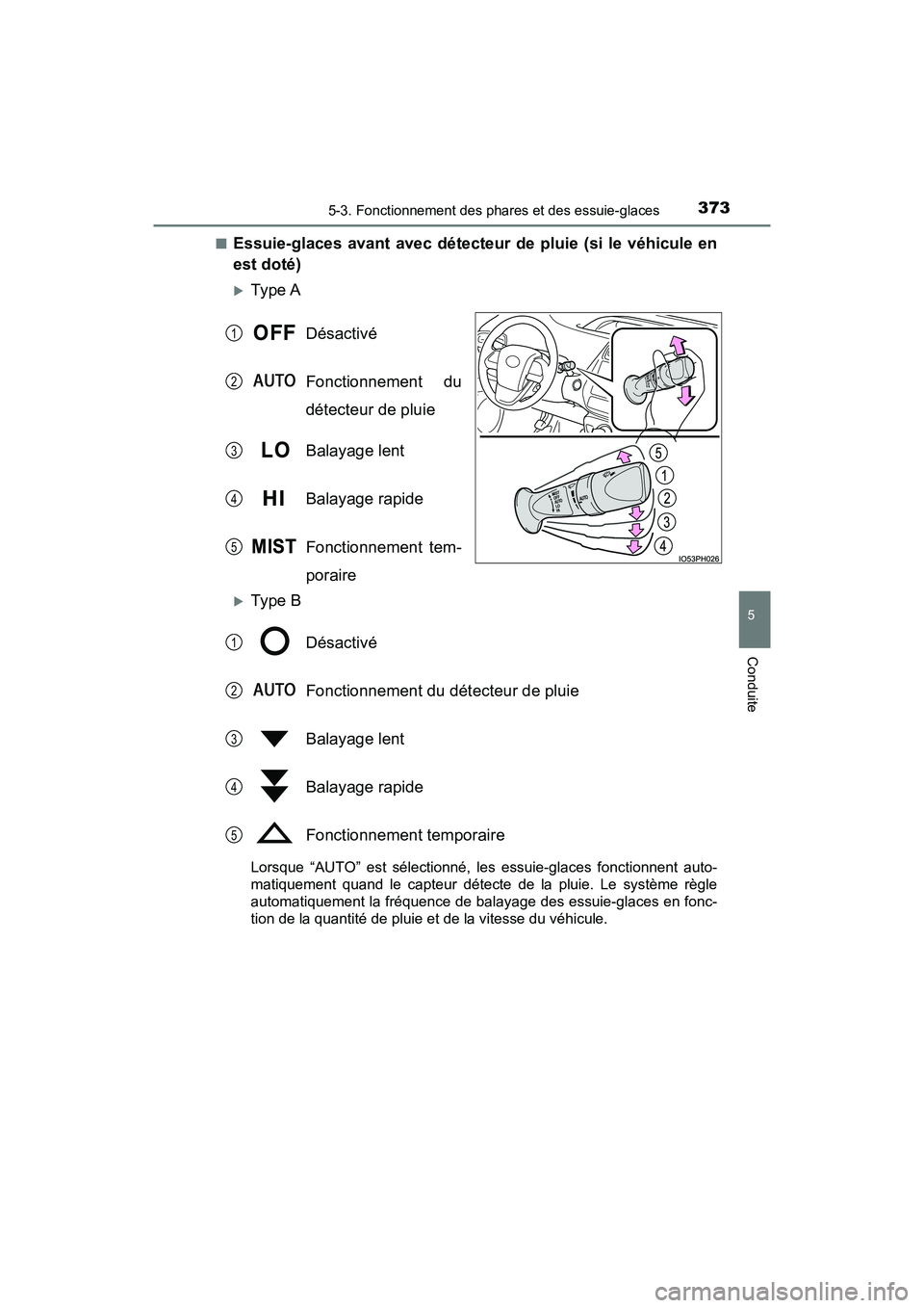 TOYOTA PRIUS PRIME 2017  Manuel du propriétaire (in French) PRIUS PRIME_OM_OM47A88D_(D)
3735-3. Fonctionnement des phares et des essuie-glaces
5
Conduite
■Essuie-glaces avant avec détecteur de pluie (si le véhicule en
est doté)
Ty pe  ADésactivé
Fonc