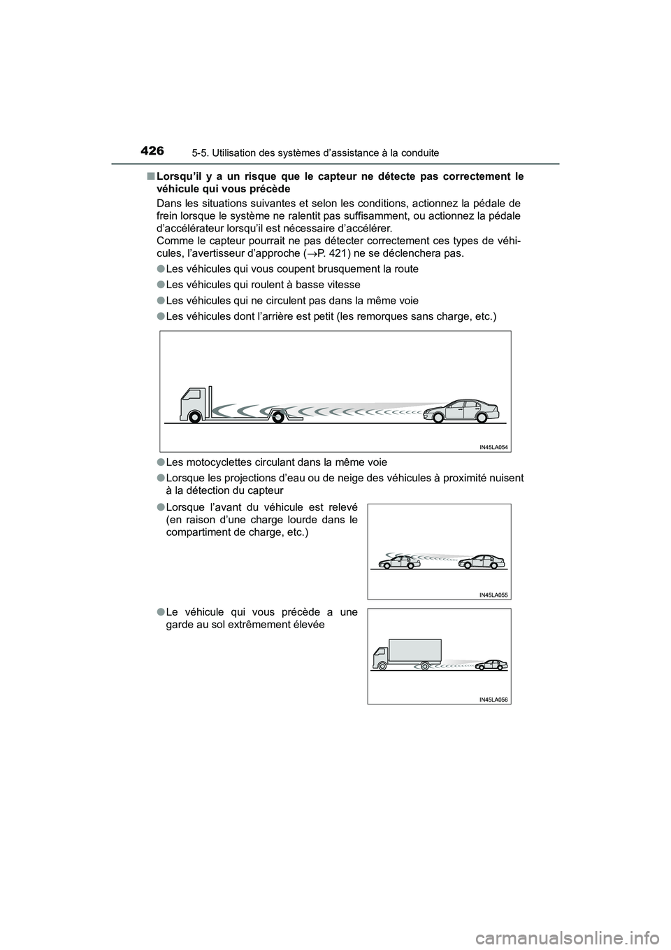 TOYOTA PRIUS PRIME 2017  Manuel du propriétaire (in French) 426
PRIUS PRIME_OM_OM47A88D_(D)
5-5. Utilisation des systèmes d’assistance à la conduite
■Lorsqu’il y a un risque que le capteur ne détecte pas correctement le
véhicule qui vous précède
Da