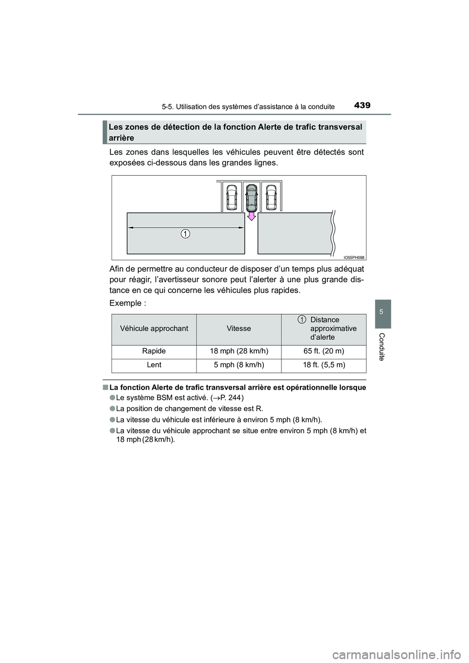 TOYOTA PRIUS PRIME 2017 Manuel du propriétaire (in French) PRIUS PRIME_OM_OM47A88D_(D)
4395-5. Utilisation des systèmes d’assistance à la conduite
5
Conduite
Les zones dans lesquelles les véhicules peuvent être détectés sont
exposées ci-dessous dans TOYOTA PRIUS PRIME 2017 Manuel du propriétaire (in French) PRIUS PRIME_OM_OM47A88D_(D)
4395-5. Utilisation des systèmes d’assistance à la conduite
5
Conduite
Les zones dans lesquelles les véhicules peuvent être détectés sont
exposées ci-dessous dans