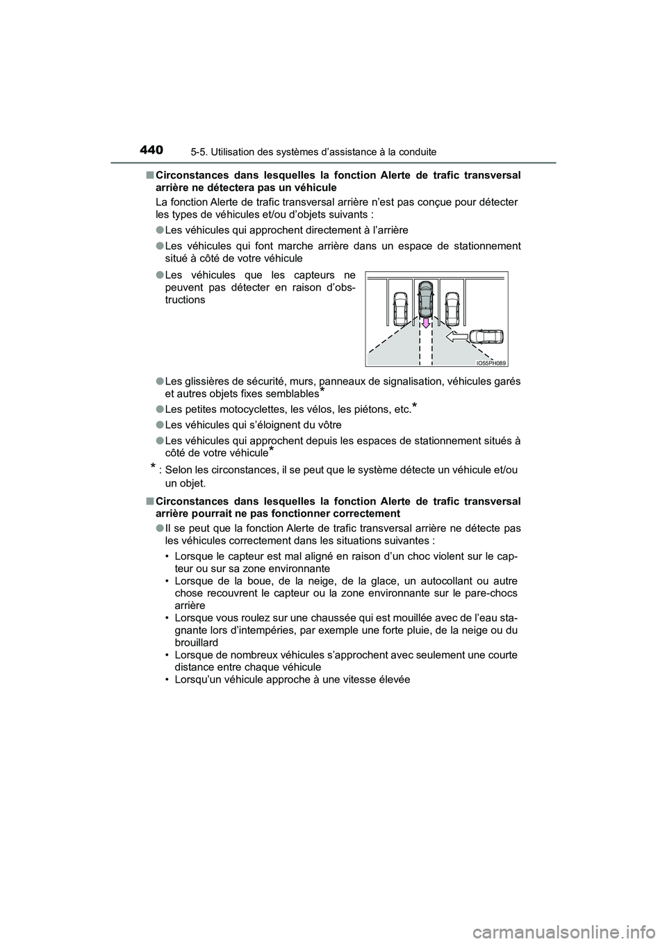 TOYOTA PRIUS PRIME 2017 Manuel du propriétaire (in French) 440
PRIUS PRIME_OM_OM47A88D_(D)
5-5. Utilisation des systèmes d’assistance à la conduite
■Circonstances dans lesquelles la fonction Alerte de trafic transversal
arrière ne détectera pas un vé TOYOTA PRIUS PRIME 2017 Manuel du propriétaire (in French) 440
PRIUS PRIME_OM_OM47A88D_(D)
5-5. Utilisation des systèmes d’assistance à la conduite
■Circonstances dans lesquelles la fonction Alerte de trafic transversal
arrière ne détectera pas un vé