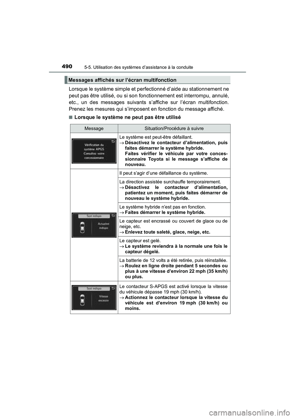 TOYOTA PRIUS PRIME 2017 Manuel du propriétaire (in French) 490
PRIUS PRIME_OM_OM47A88D_(D)
5-5. Utilisation des systèmes d’assistance à la conduite
Lorsque le système simple et perfectionné d’aide au stationnement ne
peut pas être utilisé, ou si son TOYOTA PRIUS PRIME 2017 Manuel du propriétaire (in French) 490
PRIUS PRIME_OM_OM47A88D_(D)
5-5. Utilisation des systèmes d’assistance à la conduite
Lorsque le système simple et perfectionné d’aide au stationnement ne
peut pas être utilisé, ou si son