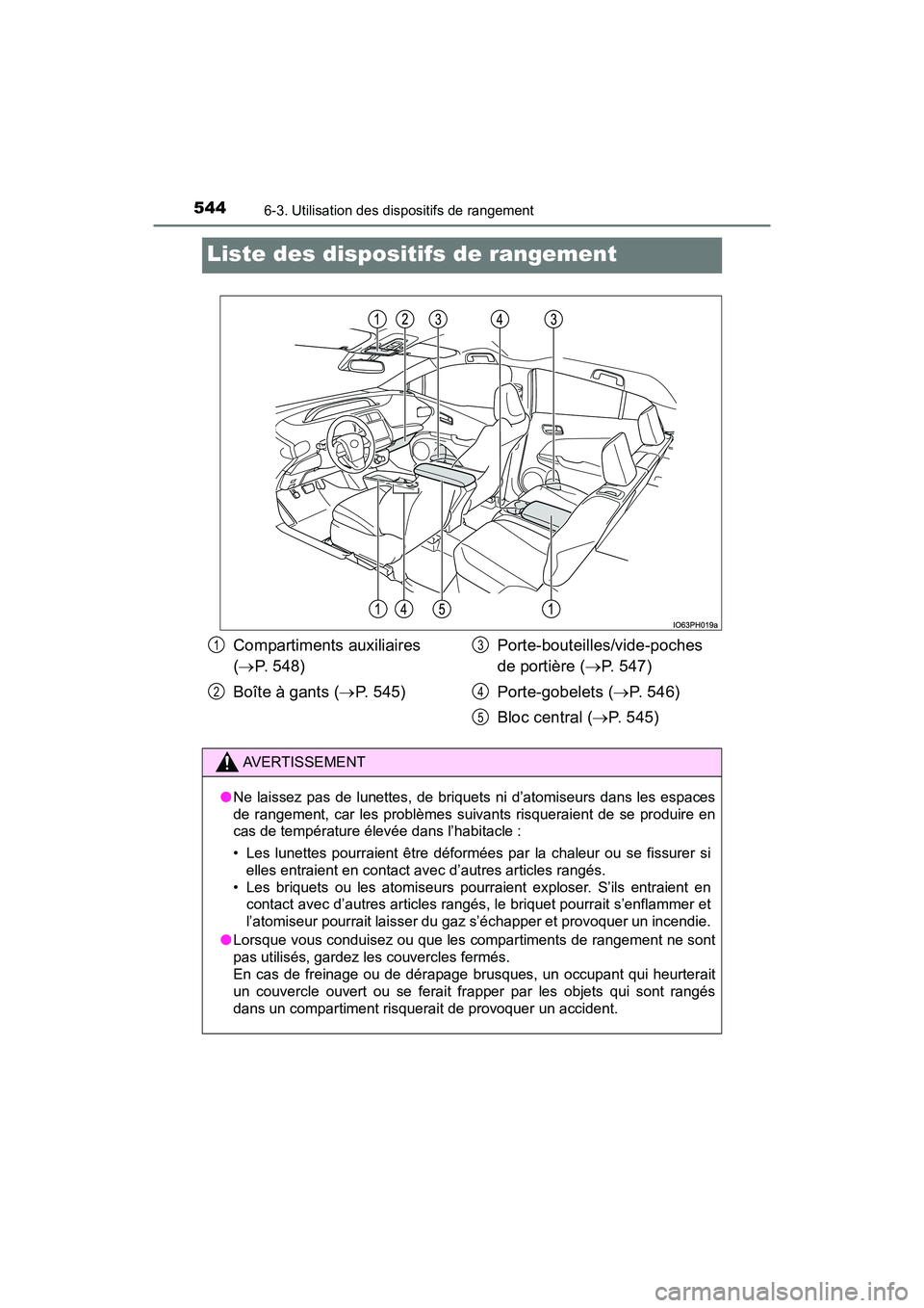 TOYOTA PRIUS PRIME 2017 Manuel du propriétaire (in French) 544
PRIUS PRIME_OM_OM47A88D_(D)
6-3. Utilisation des dispositifs de rangement
Liste des dispositifs de rangement
Compartiments auxiliaires
(P. 548)
Boîte à gants ( P. 545) Porte-bouteilles/vi TOYOTA PRIUS PRIME 2017 Manuel du propriétaire (in French) 544
PRIUS PRIME_OM_OM47A88D_(D)
6-3. Utilisation des dispositifs de rangement
Liste des dispositifs de rangement
Compartiments auxiliaires
(P. 548)
Boîte à gants ( P. 545) Porte-bouteilles/vi