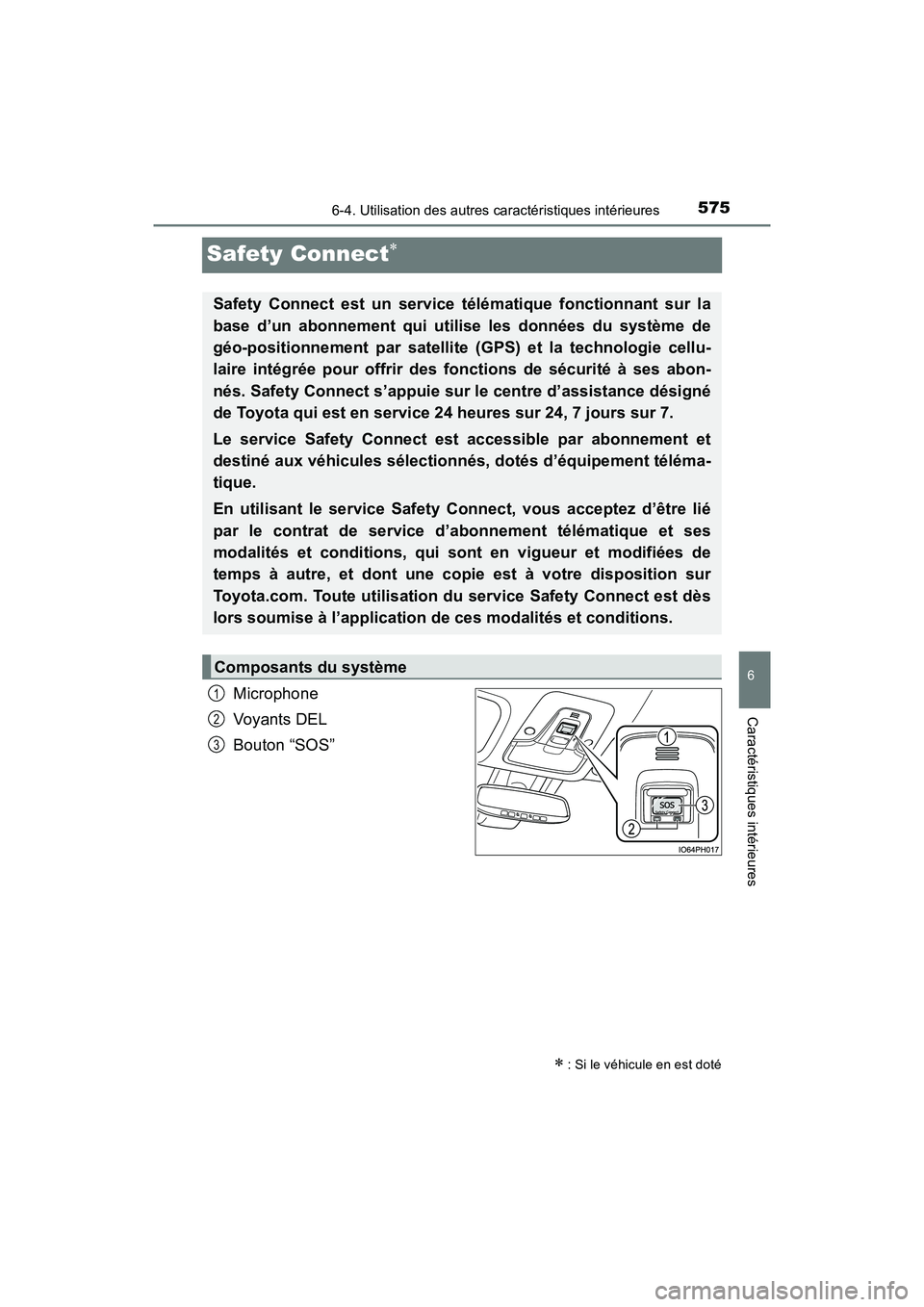 TOYOTA PRIUS PRIME 2017 Manuel du propriétaire (in French) 575
PRIUS PRIME_OM_OM47A88D_(D)
6-4. Utilisation des autres caractéristiques intérieures
6
Caractéristiques intérieures
Safety Connect
Microphone
Voyants DEL
Bouton “SOS”
: Si le véhic TOYOTA PRIUS PRIME 2017 Manuel du propriétaire (in French) 575
PRIUS PRIME_OM_OM47A88D_(D)
6-4. Utilisation des autres caractéristiques intérieures
6
Caractéristiques intérieures
Safety Connect
Microphone
Voyants DEL
Bouton “SOS”
: Si le véhic