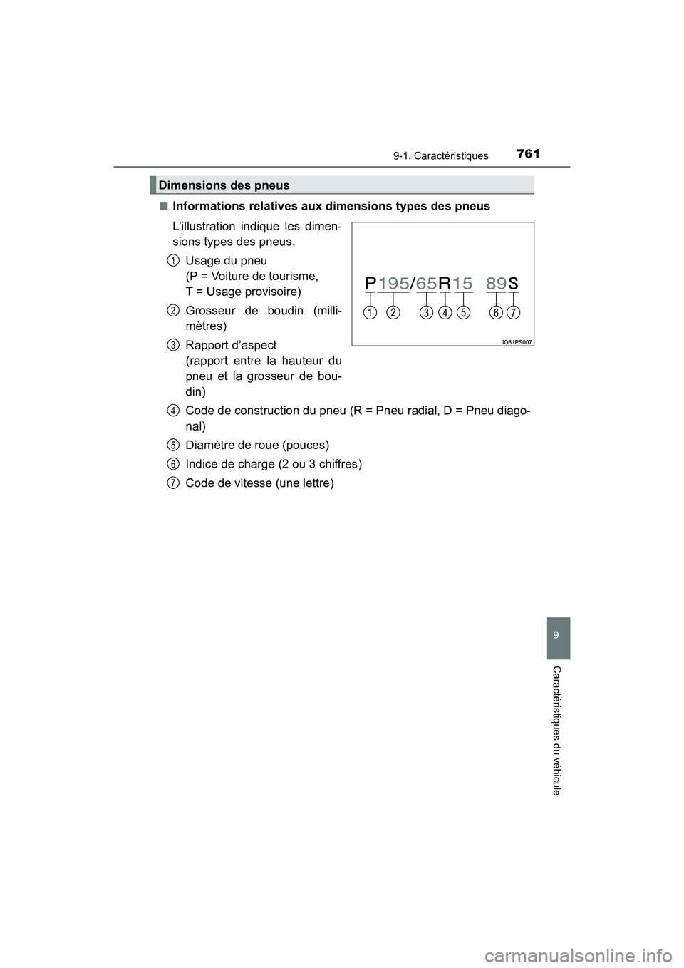 TOYOTA PRIUS PRIME 2017  Manuel du propriétaire (in French) PRIUS PRIME_OM_OM47A88D_(D)
7619-1. Caractéristiques
9
Caractéristiques du véhicule
■Informations relatives aux dimensions types des pneus
L’illustration indique les dimen-
sions types des pneu