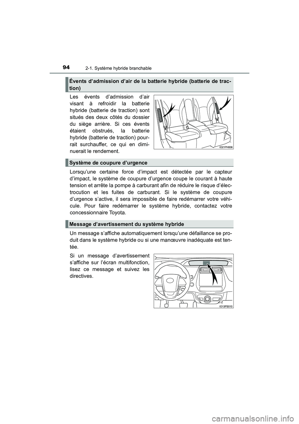 TOYOTA PRIUS PRIME 2017 Manuel du propriétaire (in French) 94
PRIUS PRIME_OM_OM47A88D_(D)
2-1. Système hybride branchable
Les évents d’admission d’air
visant à refroidir la batterie
hybride (batterie de traction) sont
situés des deux côtés du dossie TOYOTA PRIUS PRIME 2017 Manuel du propriétaire (in French) 94
PRIUS PRIME_OM_OM47A88D_(D)
2-1. Système hybride branchable
Les évents d’admission d’air
visant à refroidir la batterie
hybride (batterie de traction) sont
situés des deux côtés du dossie