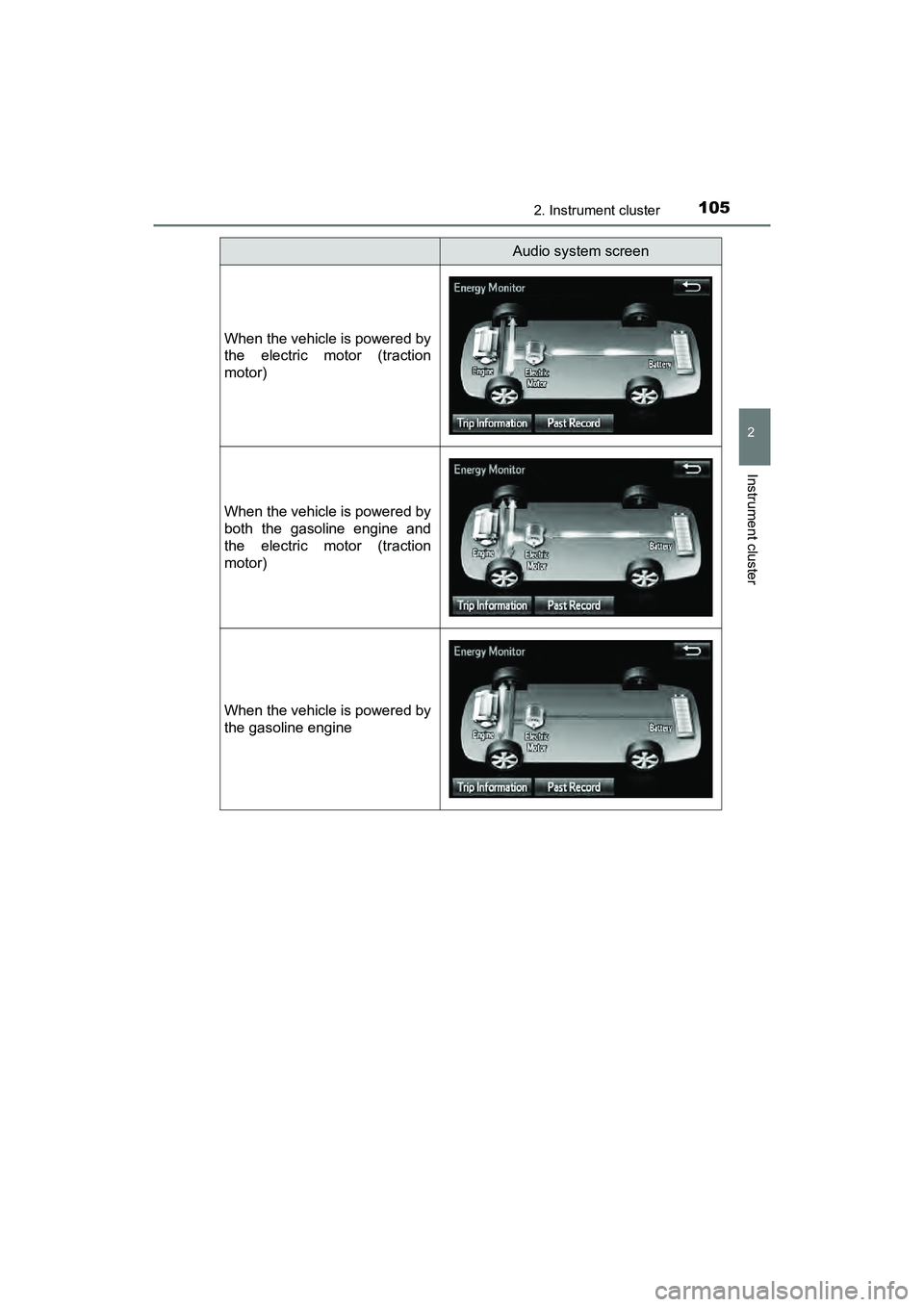 TOYOTA PRIUS V 2018 Owners Manual PRIUS v_OM_OM47B78U_(U)
1052. Instrument cluster
2
Instrument cluster
Audio system screen
When the vehicle is powered by
the electric motor (traction
motor)
When the vehicle is powered by
both the gas TOYOTA PRIUS V 2018 Owners Manual PRIUS v_OM_OM47B78U_(U)
1052. Instrument cluster
2
Instrument cluster
Audio system screen
When the vehicle is powered by
the electric motor (traction
motor)
When the vehicle is powered by
both the gas