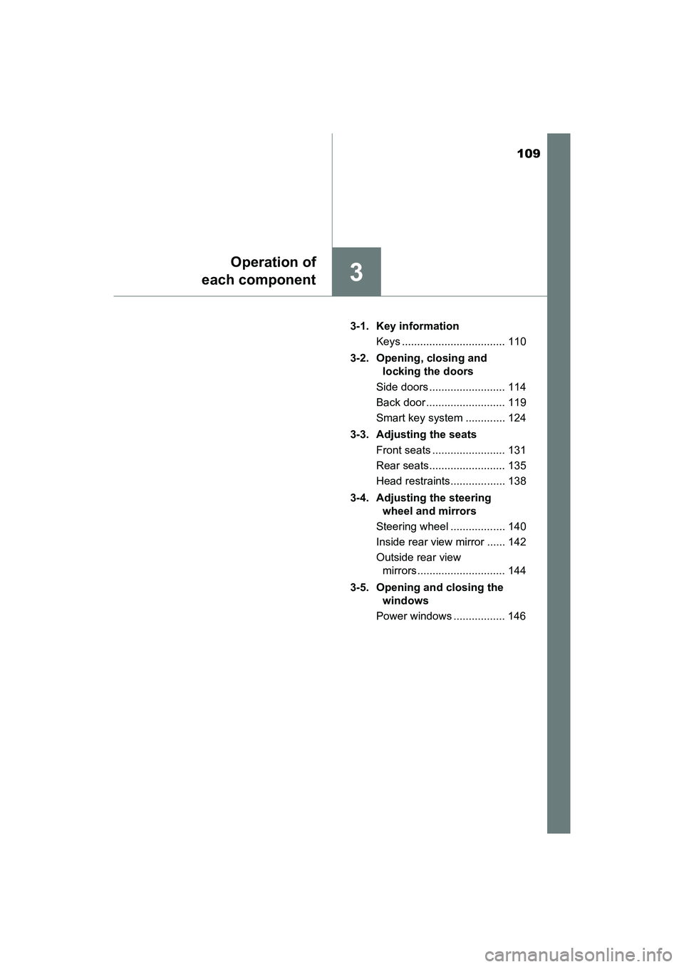 TOYOTA PRIUS V 2018 Owners Manual 109
PRIUS v_OM_OM47B78U_(U)
3
Operation of
each component
3-1. Key information
Keys .................................. 110
3-2. Opening, closing and locking the doors
Side doors ..................... TOYOTA PRIUS V 2018 Owners Manual 109
PRIUS v_OM_OM47B78U_(U)
3
Operation of
each component
3-1. Key information
Keys .................................. 110
3-2. Opening, closing and locking the doors
Side doors .....................