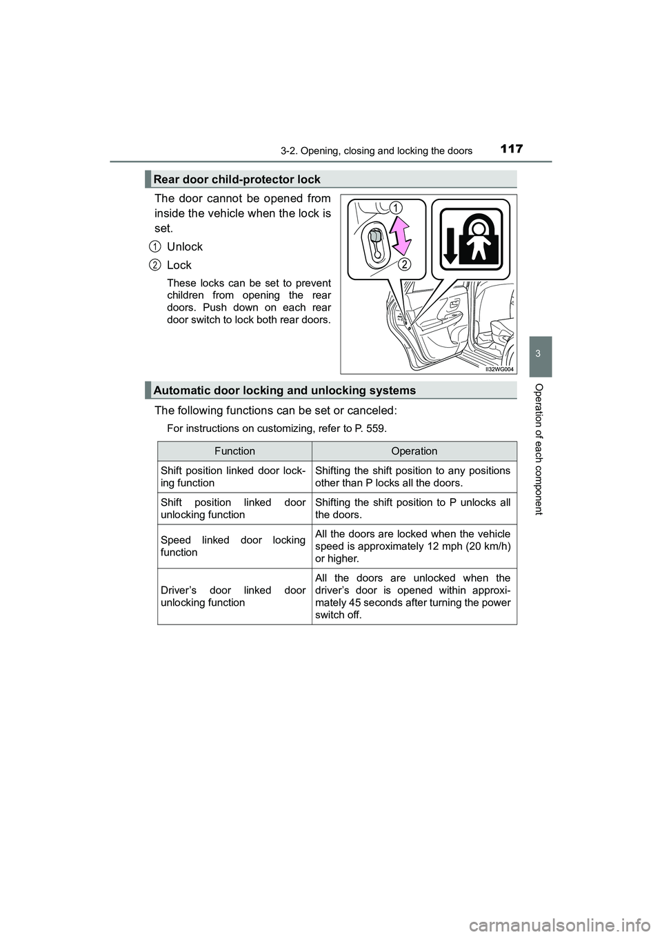 TOYOTA PRIUS V 2018 Owners Manual PRIUS v_OM_OM47B78U_(U)
1173-2. Opening, closing and locking the doors
3
Operation of each component
The door cannot be opened from
inside the vehicle when the lock is
set.Unlock
Lock
These locks can TOYOTA PRIUS V 2018 Owners Manual PRIUS v_OM_OM47B78U_(U)
1173-2. Opening, closing and locking the doors
3
Operation of each component
The door cannot be opened from
inside the vehicle when the lock is
set.Unlock
Lock
These locks can