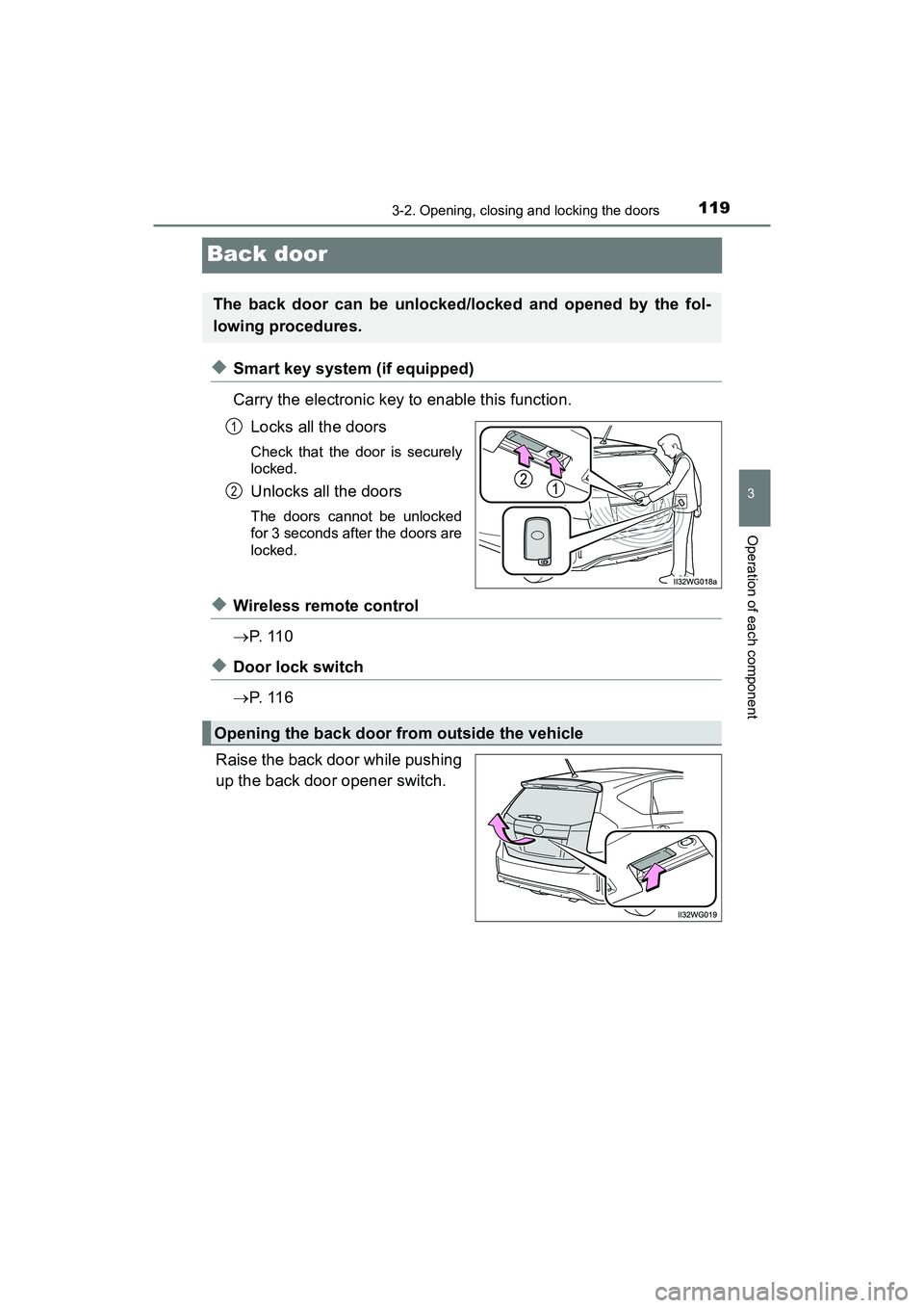 TOYOTA PRIUS V 2018 Owners Manual 119
PRIUS v_OM_OM47B78U_(U)
3-2. Opening, closing and locking the doors
3
Operation of each component
Back door
◆Smart key system (if equipped)
Carry the electronic key to enable this function.Locks TOYOTA PRIUS V 2018 Owners Manual 119
PRIUS v_OM_OM47B78U_(U)
3-2. Opening, closing and locking the doors
3
Operation of each component
Back door
◆Smart key system (if equipped)
Carry the electronic key to enable this function.Locks