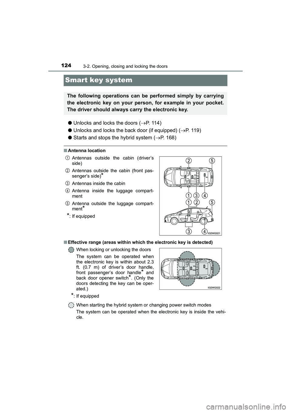 TOYOTA PRIUS V 2018 Owners Manual 124
PRIUS v_OM_OM47B78U_(U)
3-2. Opening, closing and locking the doors
Smart key system
●Unlocks and locks the doors ( P. 1 1 4 )
● Unlocks and locks the back door (if equipped) ( P. 1 1 TOYOTA PRIUS V 2018 Owners Manual 124
PRIUS v_OM_OM47B78U_(U)
3-2. Opening, closing and locking the doors
Smart key system
●Unlocks and locks the doors ( P. 1 1 4 )
● Unlocks and locks the back door (if equipped) ( P. 1 1