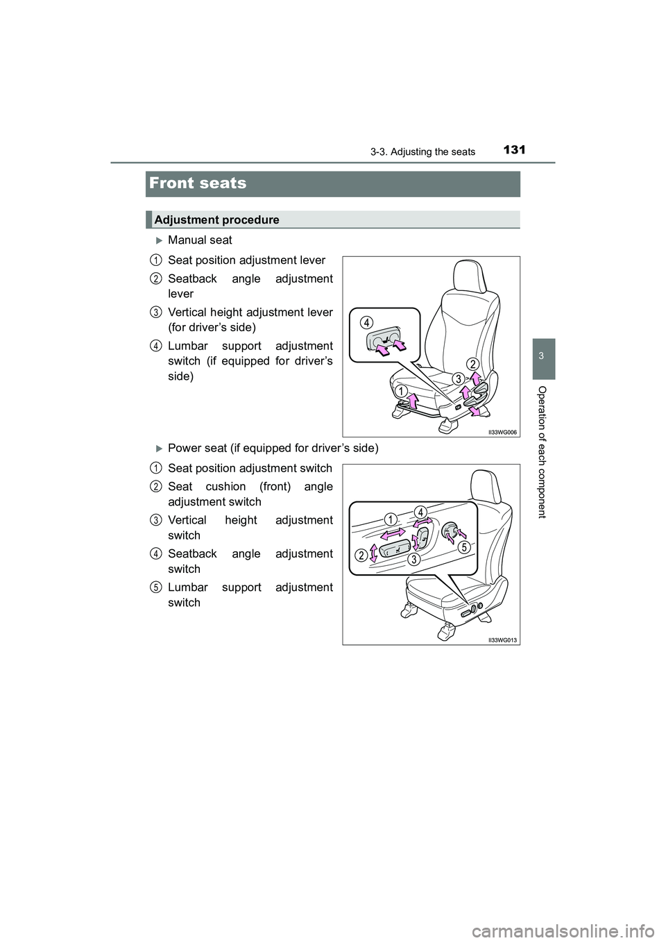 TOYOTA PRIUS V 2018  Owners Manual 131
PRIUS v_OM_OM47B78U_(U)
3-3. Adjusting the seats
3
Operation of each component
Front seats
Manual seat
Seat position adjustment lever
Seatback angle adjustment
lever
Vertical height adjustment 