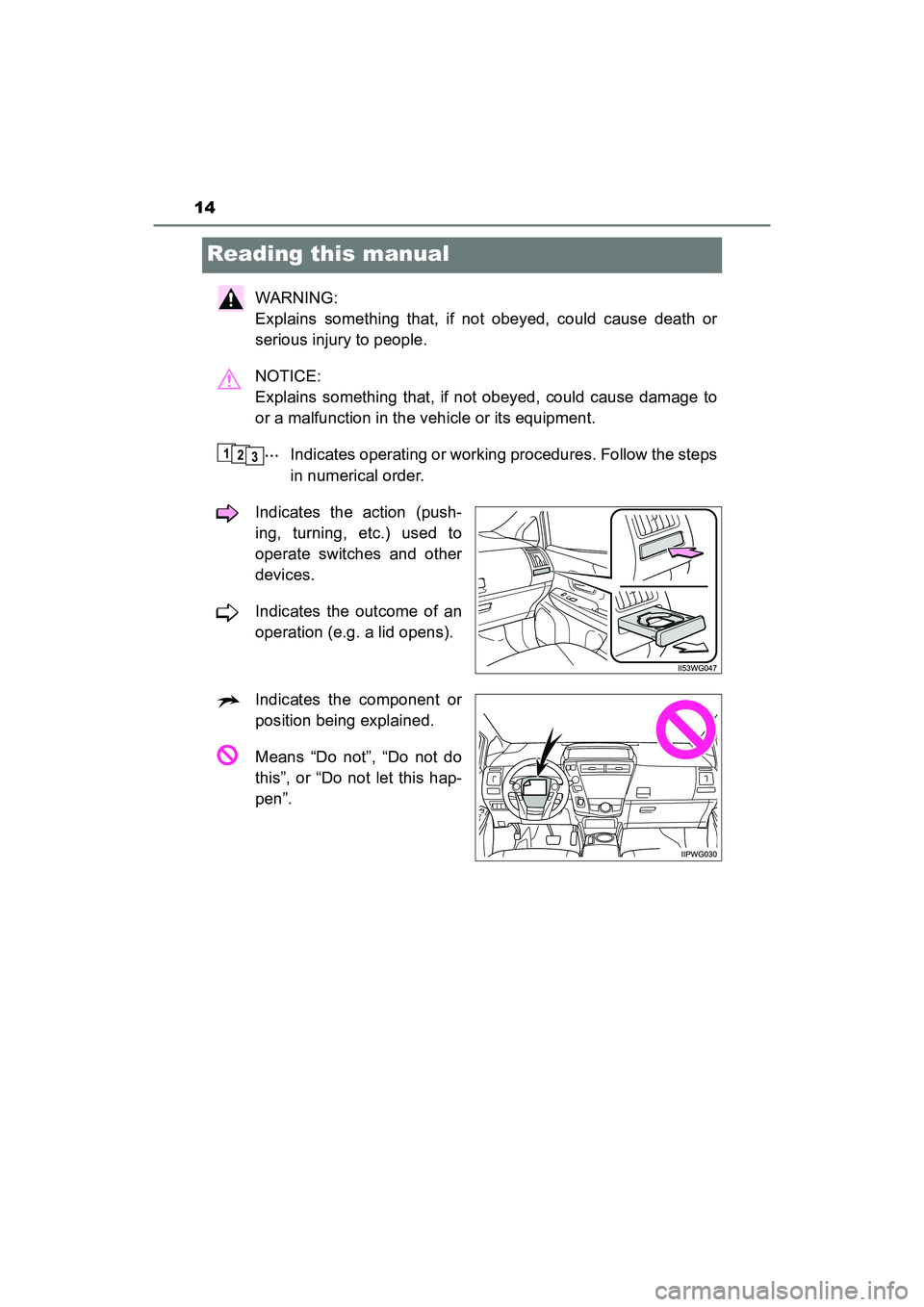 TOYOTA PRIUS V 2018 User Guide 14
PRIUS v_OM_OM47B78U_(U)
Reading this manual
WARNING:
Explains something that, if not obeyed, could cause death or
serious injury to people.
NOTICE:
Explains something that, if not obeyed, could c TOYOTA PRIUS V 2018 User Guide 14
PRIUS v_OM_OM47B78U_(U)
Reading this manual
WARNING:
Explains something that, if not obeyed, could cause death or
serious injury to people.
NOTICE:
Explains something that, if not obeyed, could c