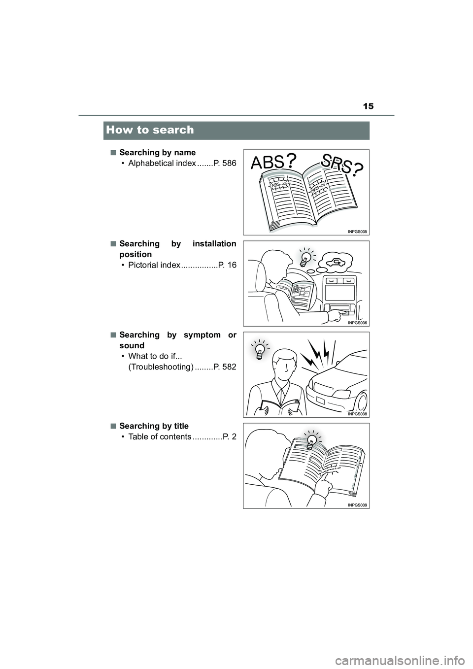 TOYOTA PRIUS V 2018 User Guide 15
PRIUS v_OM_OM47B78U_(U)
How to search
■Searching by name• Alphabetical index .......P. 586
■Searching by installation
position
• Pictorial index ................P. 16
■Searching by sympto TOYOTA PRIUS V 2018 User Guide 15
PRIUS v_OM_OM47B78U_(U)
How to search
■Searching by name• Alphabetical index .......P. 586
■Searching by installation
position
• Pictorial index ................P. 16
■Searching by sympto