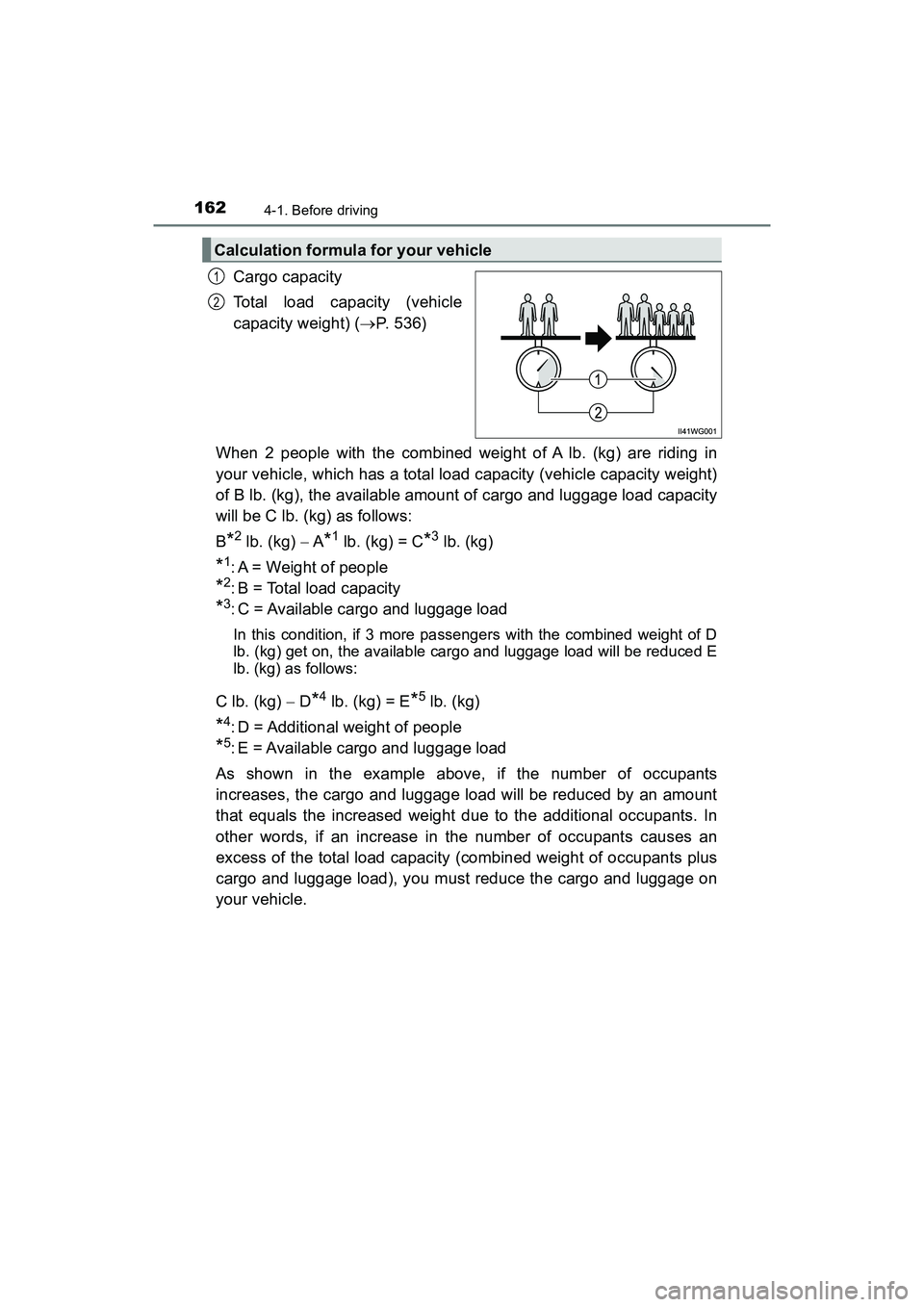 TOYOTA PRIUS V 2018 Owners Manual 162
PRIUS v_OM_OM47B78U_(U)
4-1. Before driving
Cargo capacity
Total load capacity (vehicle
capacity weight) (P. 536)
When 2 people with the combined weight of A lb. (kg) are riding in
your vehicle TOYOTA PRIUS V 2018 Owners Manual 162
PRIUS v_OM_OM47B78U_(U)
4-1. Before driving
Cargo capacity
Total load capacity (vehicle
capacity weight) (P. 536)
When 2 people with the combined weight of A lb. (kg) are riding in
your vehicle